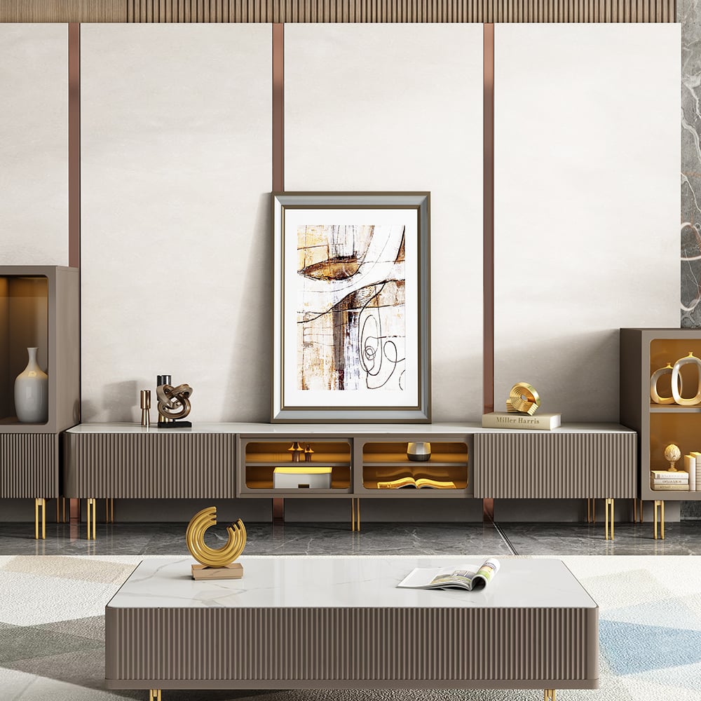 HMR - Rectangular Stone Top TV Stand Console with Storage Glass Sliding Doors