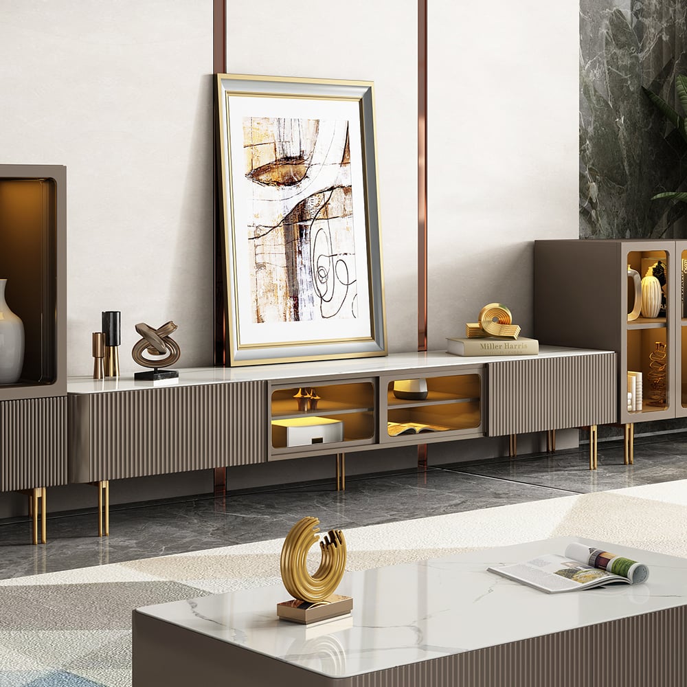 HMR - Rectangular Stone Top TV Stand Console with Storage Glass Sliding Doors
