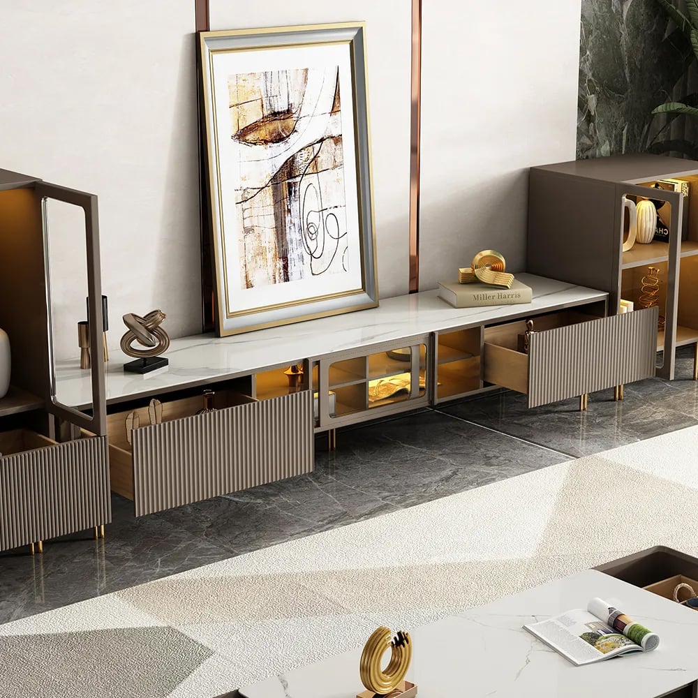 HMR - Rectangular Stone Top TV Stand Console with Storage Glass Sliding Doors