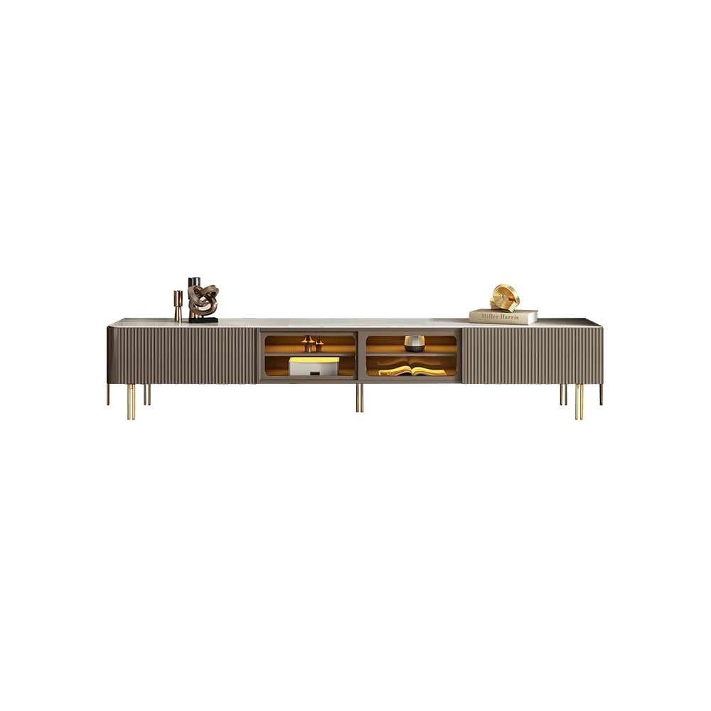 HMR - Rectangular Stone Top TV Stand Console with Storage Glass Sliding Doors