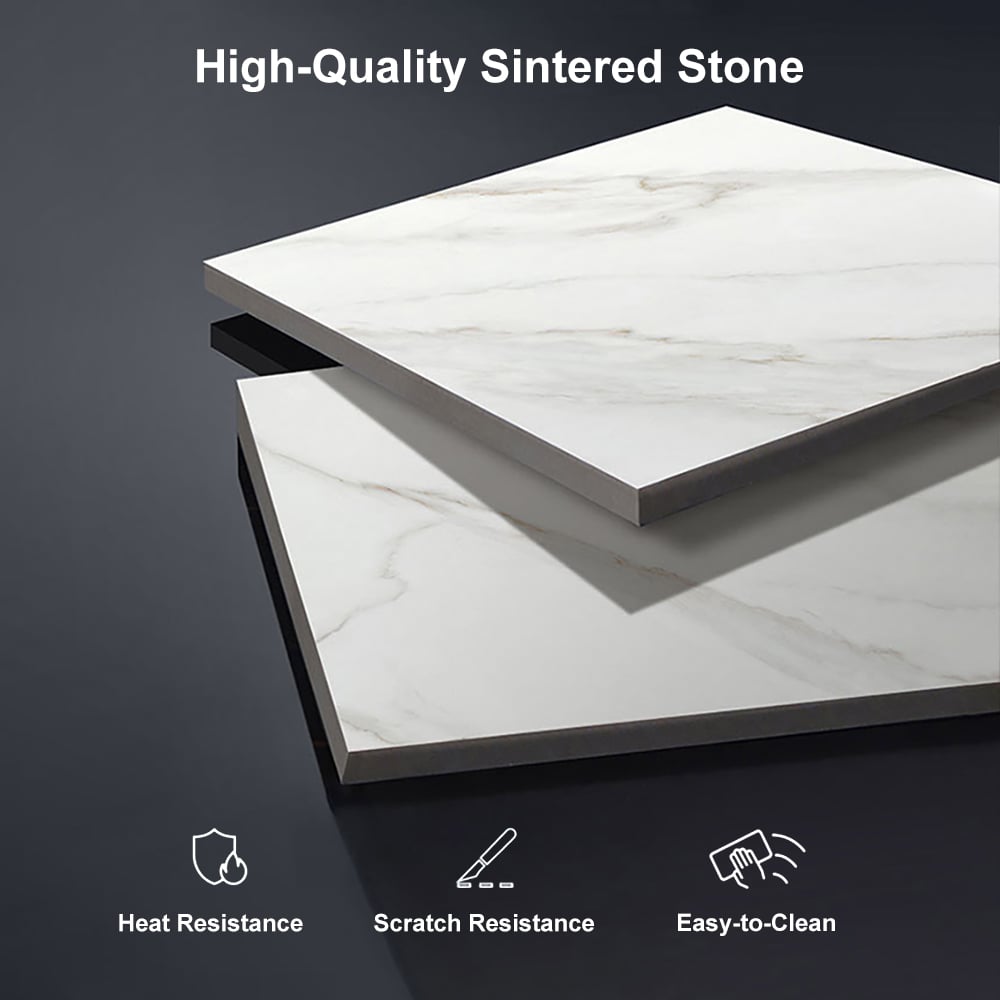 HMR - Rectangular Stone Top TV Stand Console with Storage Glass Sliding Doors