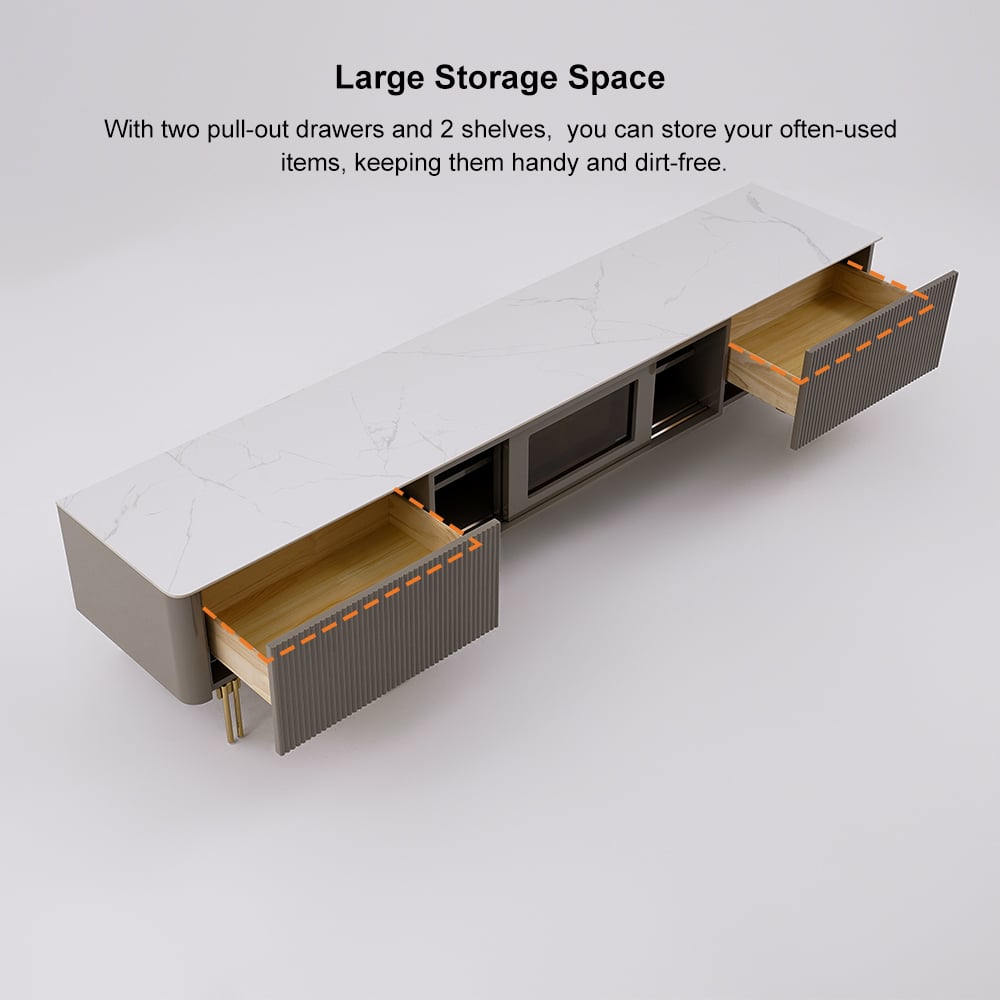 HMR - Rectangular Stone Top TV Stand Console with Storage Glass Sliding Doors