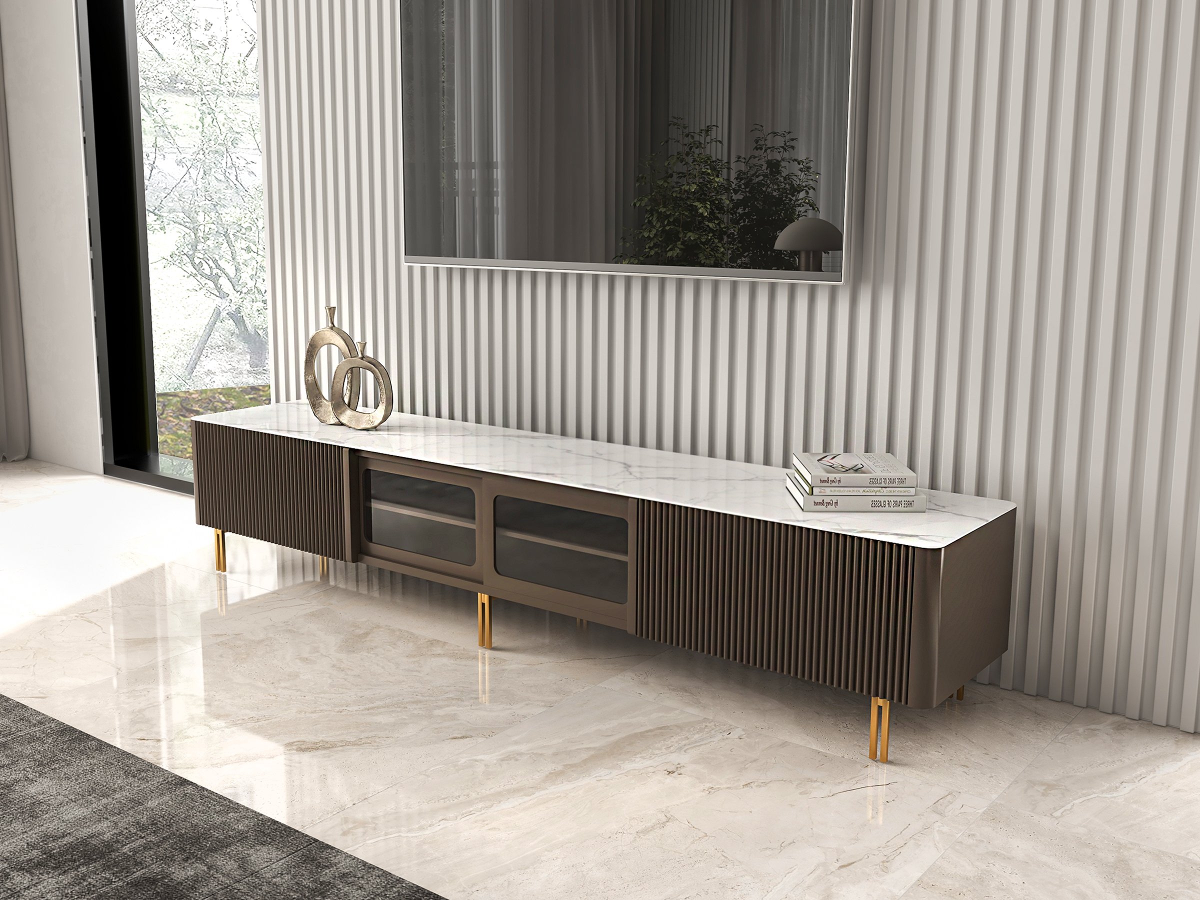 HMR - Rectangular Stone Top TV Stand Console with Storage Glass Sliding Doors