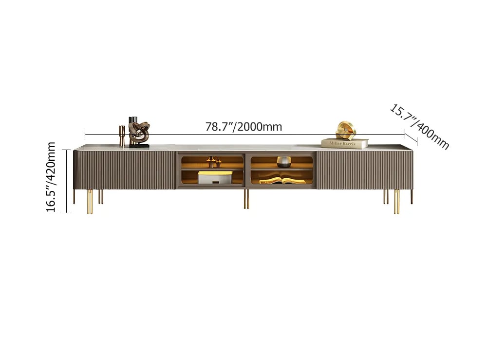 HMR - Rectangular Stone Top TV Stand Console with Storage Glass Sliding Doors