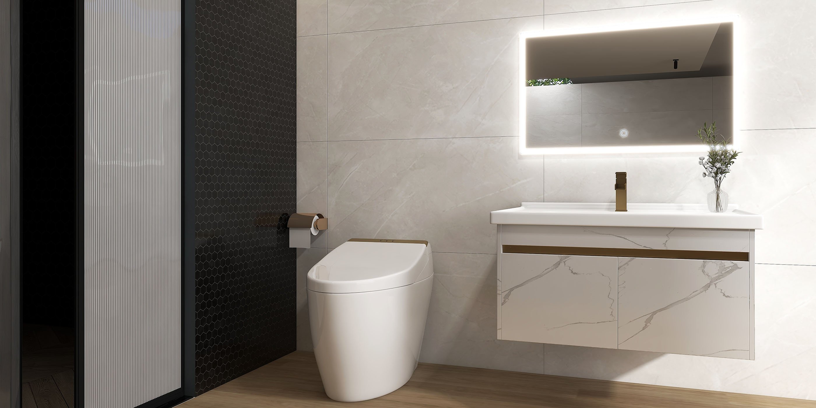 HMR Automatic Smart Bidet Toilet with Deodorizing Function 1.28 GPF - White & Gold
