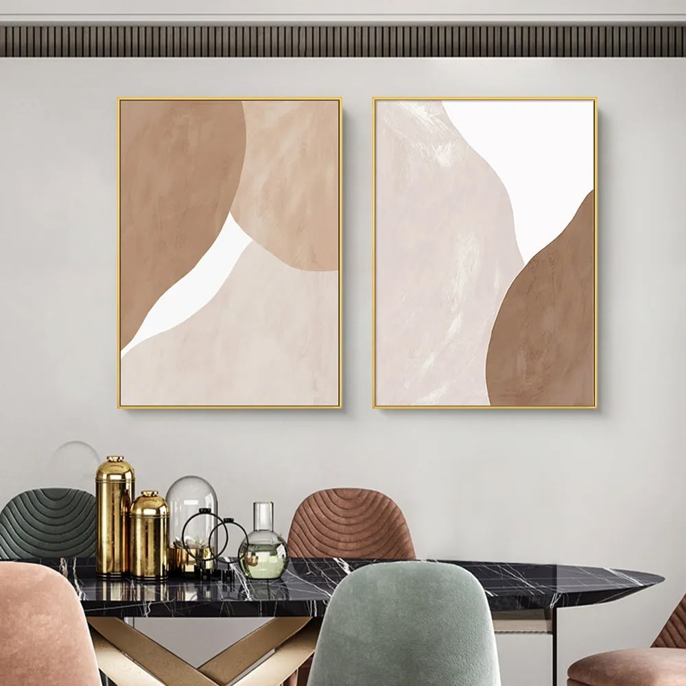 HMR - Japandi Abstract Wall Decor for Living Room Canvas Art Painting with Gold Frame (Set of 2)