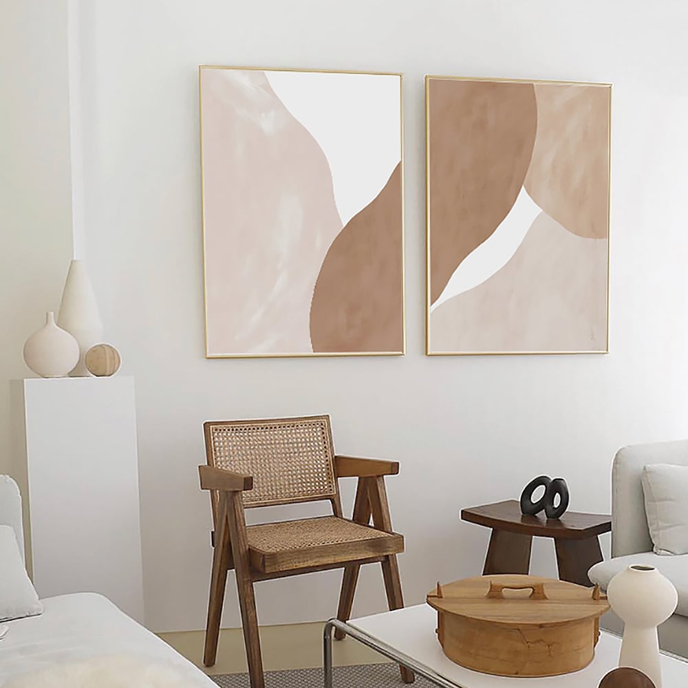 HMR - Japandi Abstract Wall Decor for Living Room Canvas Art Painting with Gold Frame (Set of 2)