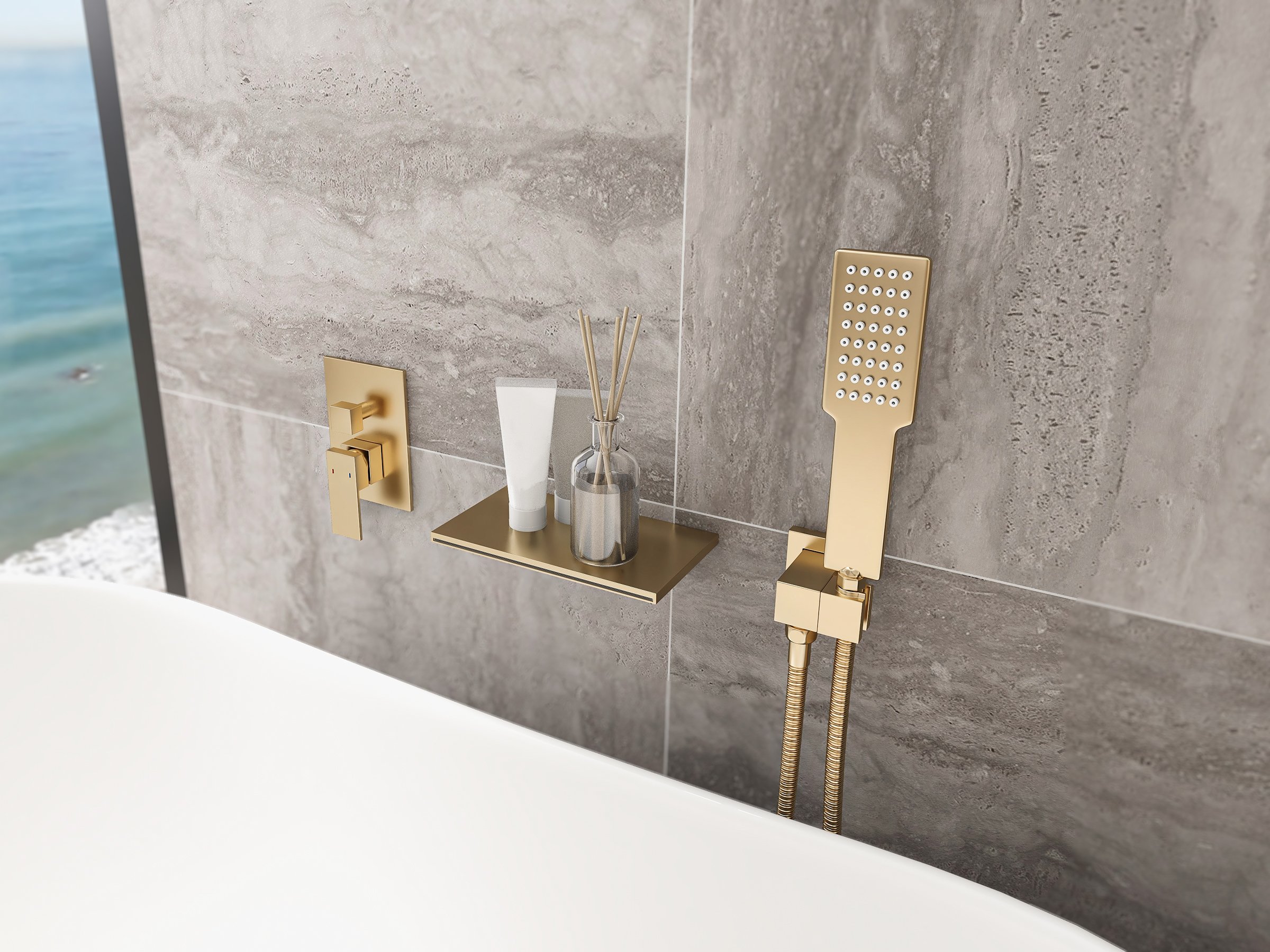 HMR Solid Brass Waterfall Wall-Mounted Bathtub Faucet Tub Filler Single Handle - Brushed Gold
