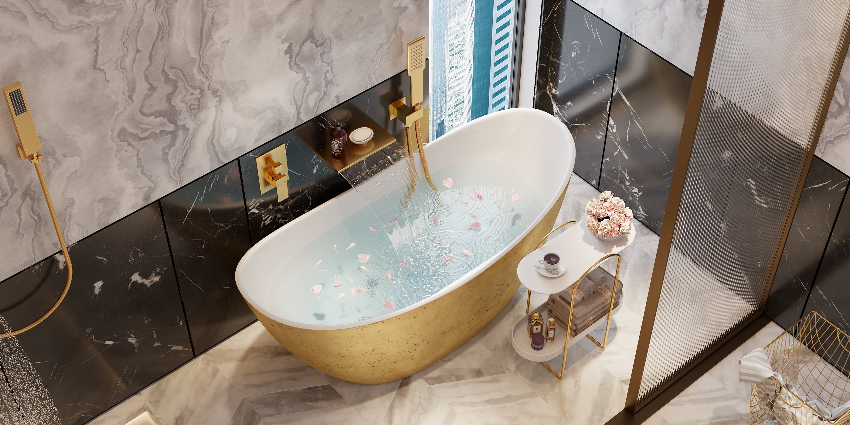 HMR Solid Brass Waterfall Wall-Mounted Bathtub Faucet Tub Filler Single Handle - Brushed Gold
