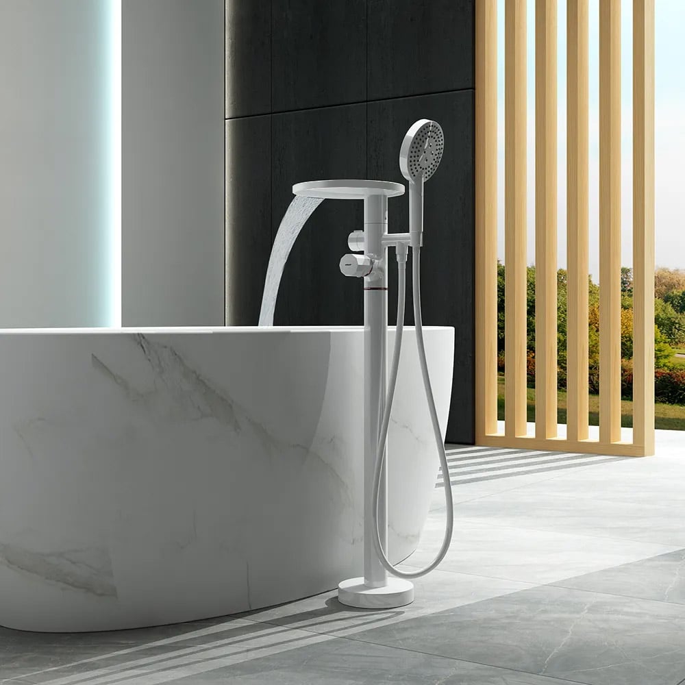 HMR - Floor Mounted Tub Faucet with Handshower & Stone Top in White & Rose Gold