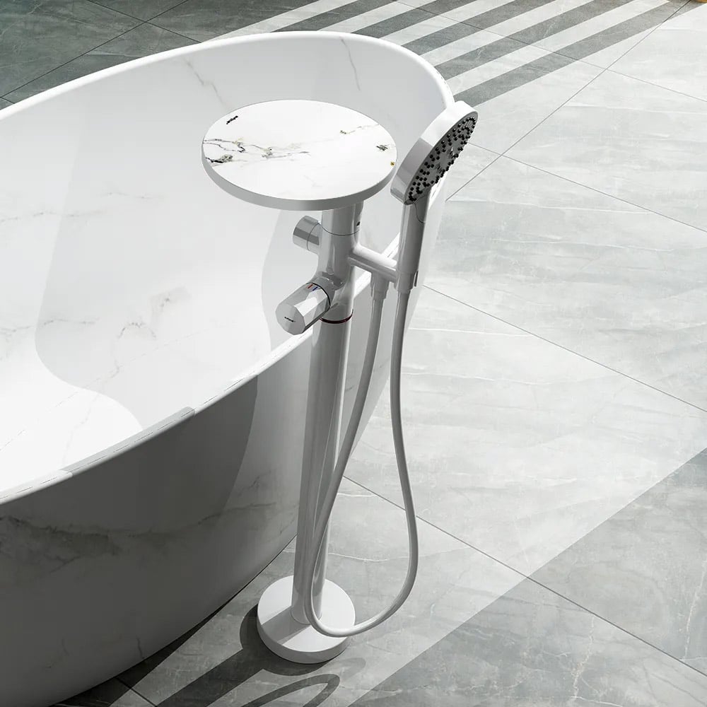 HMR - Floor Mounted Tub Faucet with Handshower & Stone Top in White & Rose Gold