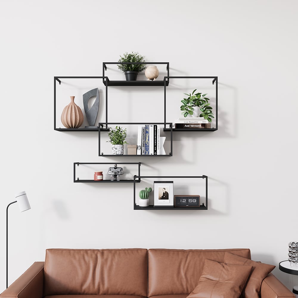 HMR - Modern 6-Pieces Wall-Mounted Shelving Floating Storage Shelves in Metal