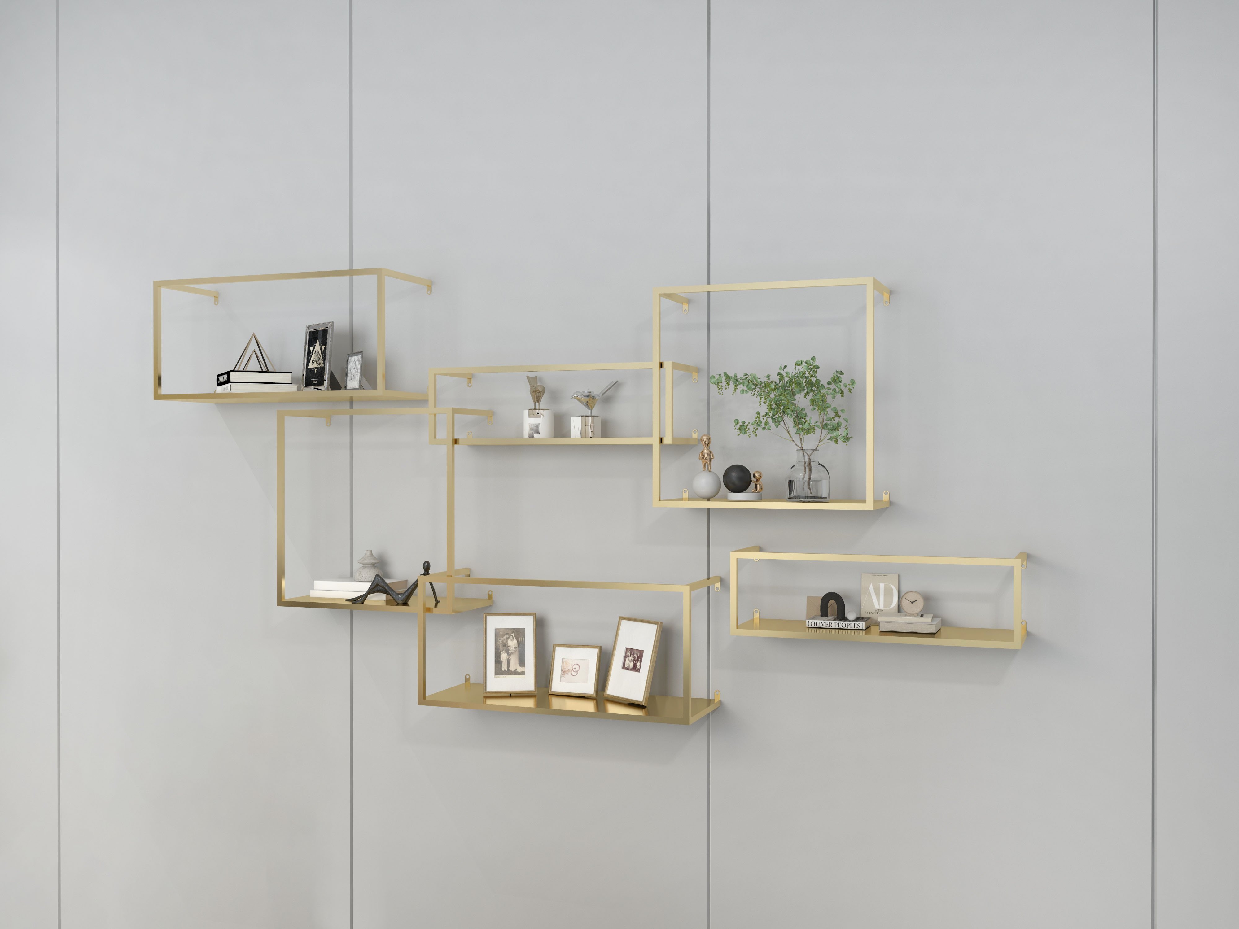 HMR Modern 6-Pieces Wall-Mounted Shelving Floating Storage Shelves in Metal - Gold