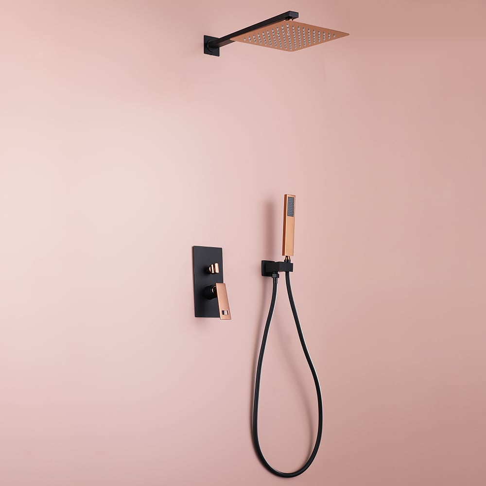 HMR - Wall-Mount Shower System 10" Rainfall Shower Head with Hand Shower Black & Rose Gold
