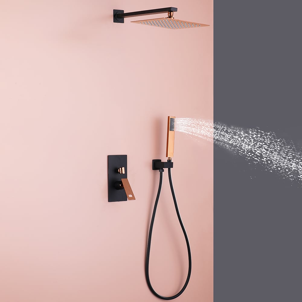 HMR - Wall-Mount Shower System 10" Rainfall Shower Head with Hand Shower Black & Rose Gold