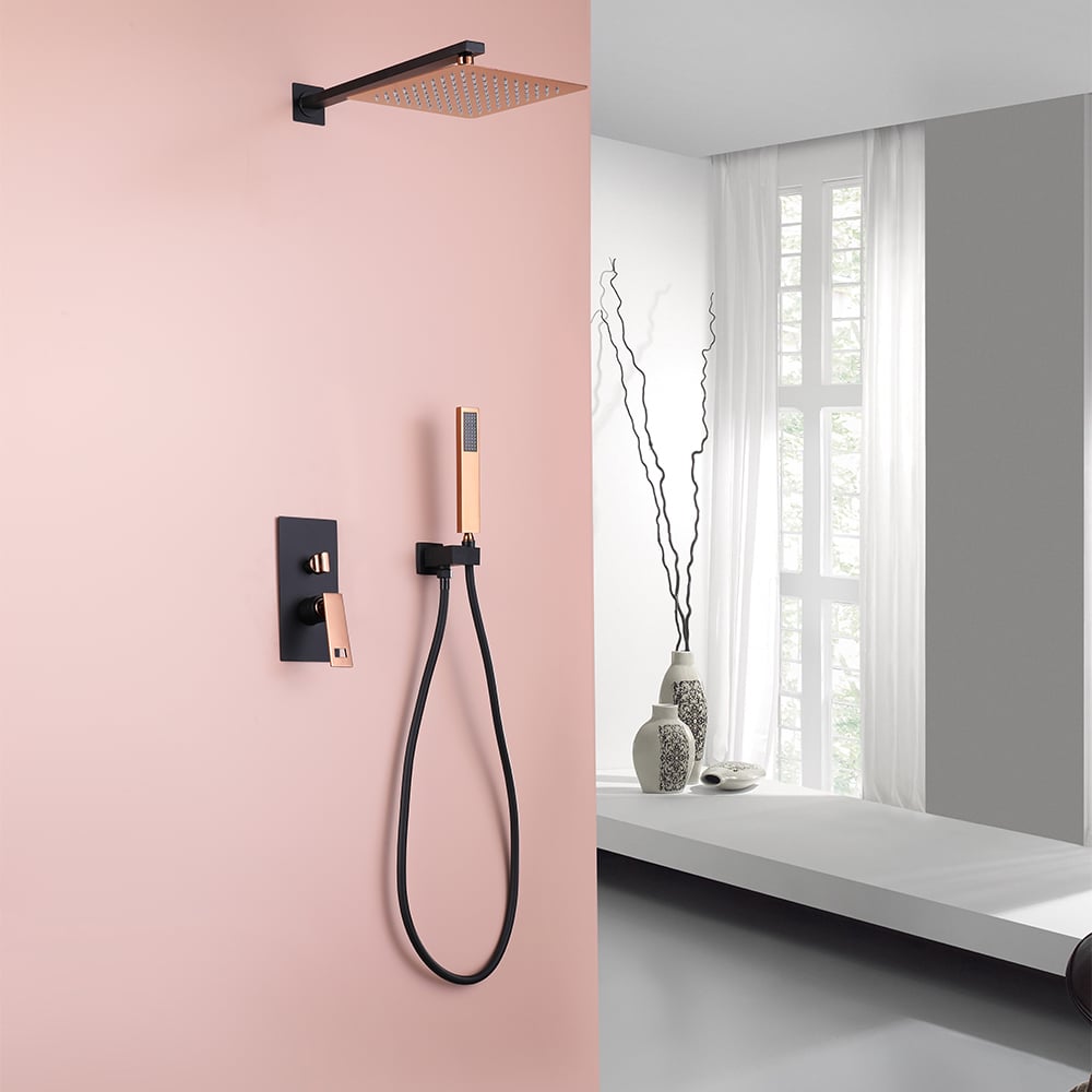 HMR - Wall-Mount Shower System 10" Rainfall Shower Head with Hand Shower Black & Rose Gold