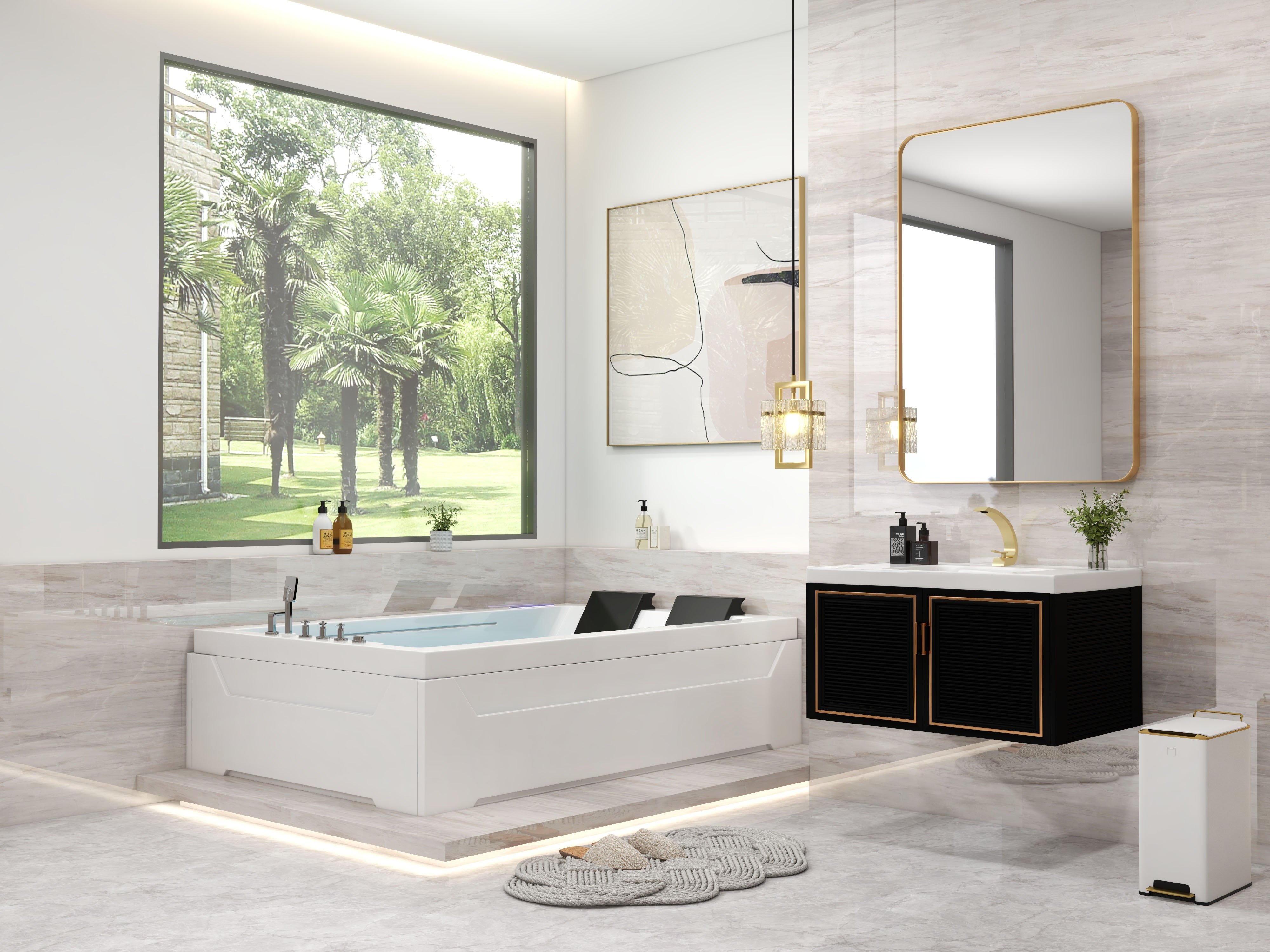 HMR 73'' Double Bathtub with Massage & Ambient Lighting - White, Heated: No