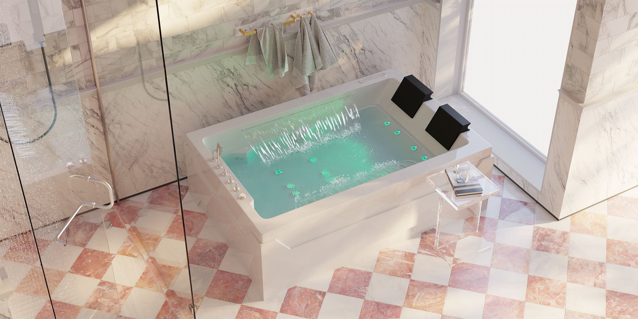 HMR 73'' Double Bathtub with Massage & Ambient Lighting - White, Heated: No