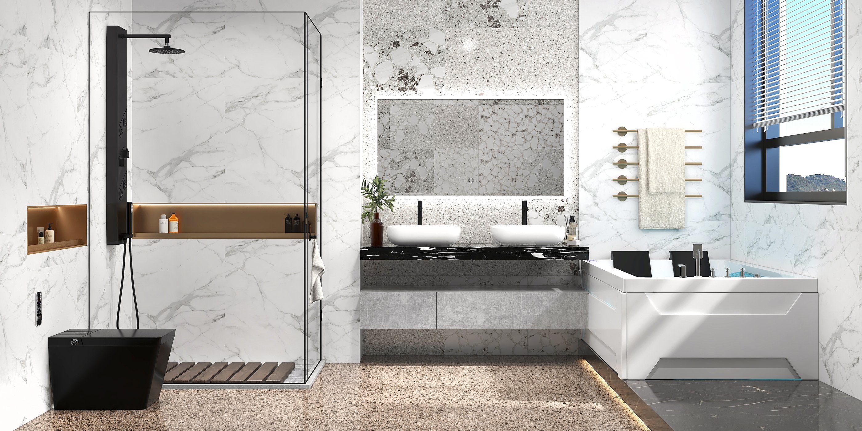 HMR 73'' Double Bathtub with Massage & Ambient Lighting - White, Heated: No