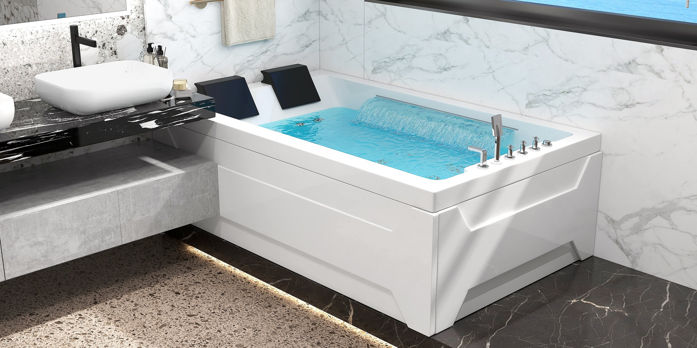 HMR 73'' Double Bathtub with Massage & Ambient Lighting - White, Heated: No