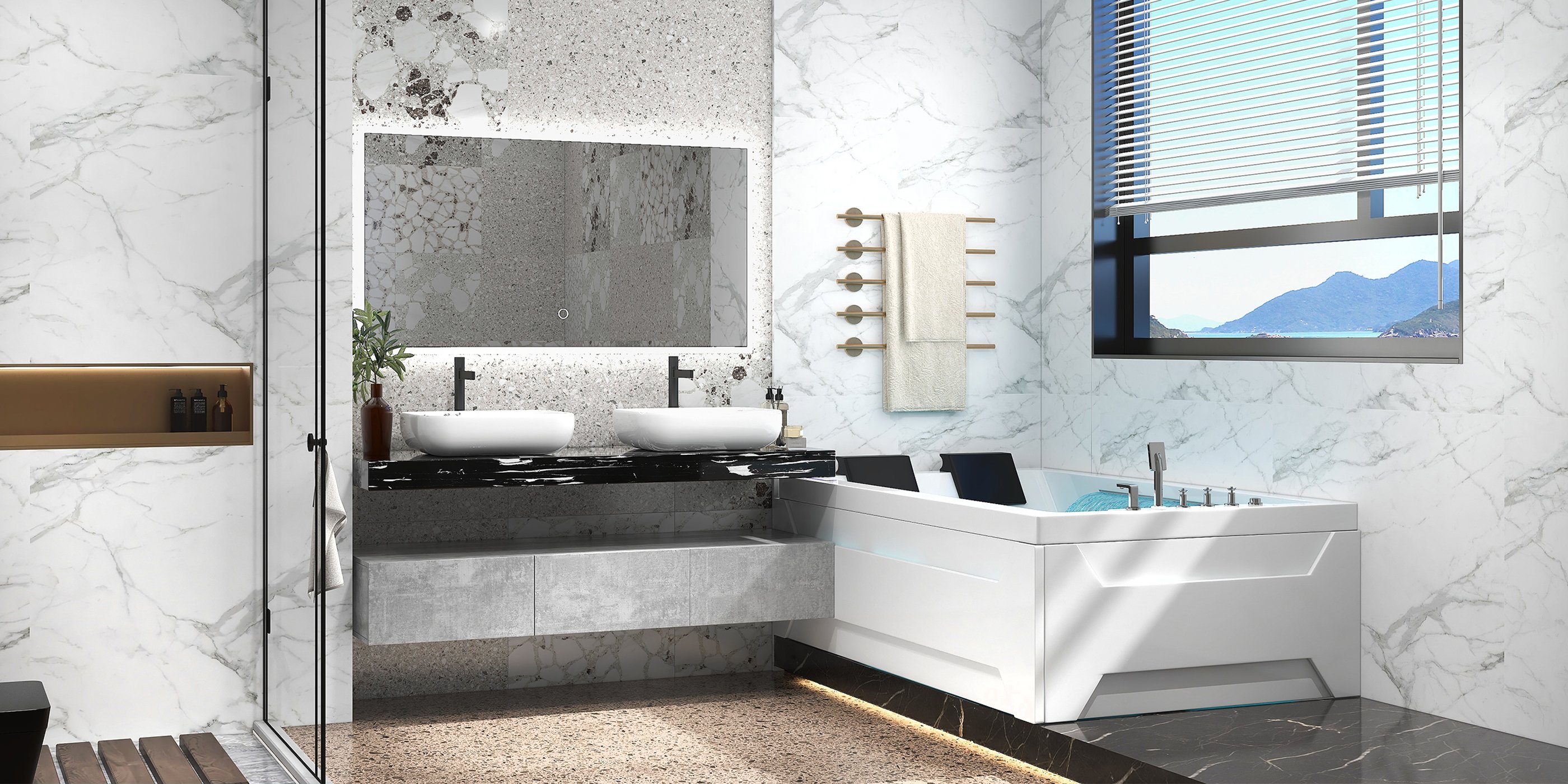 HMR 73'' Double Bathtub with Massage & Ambient Lighting - White, Heated: No