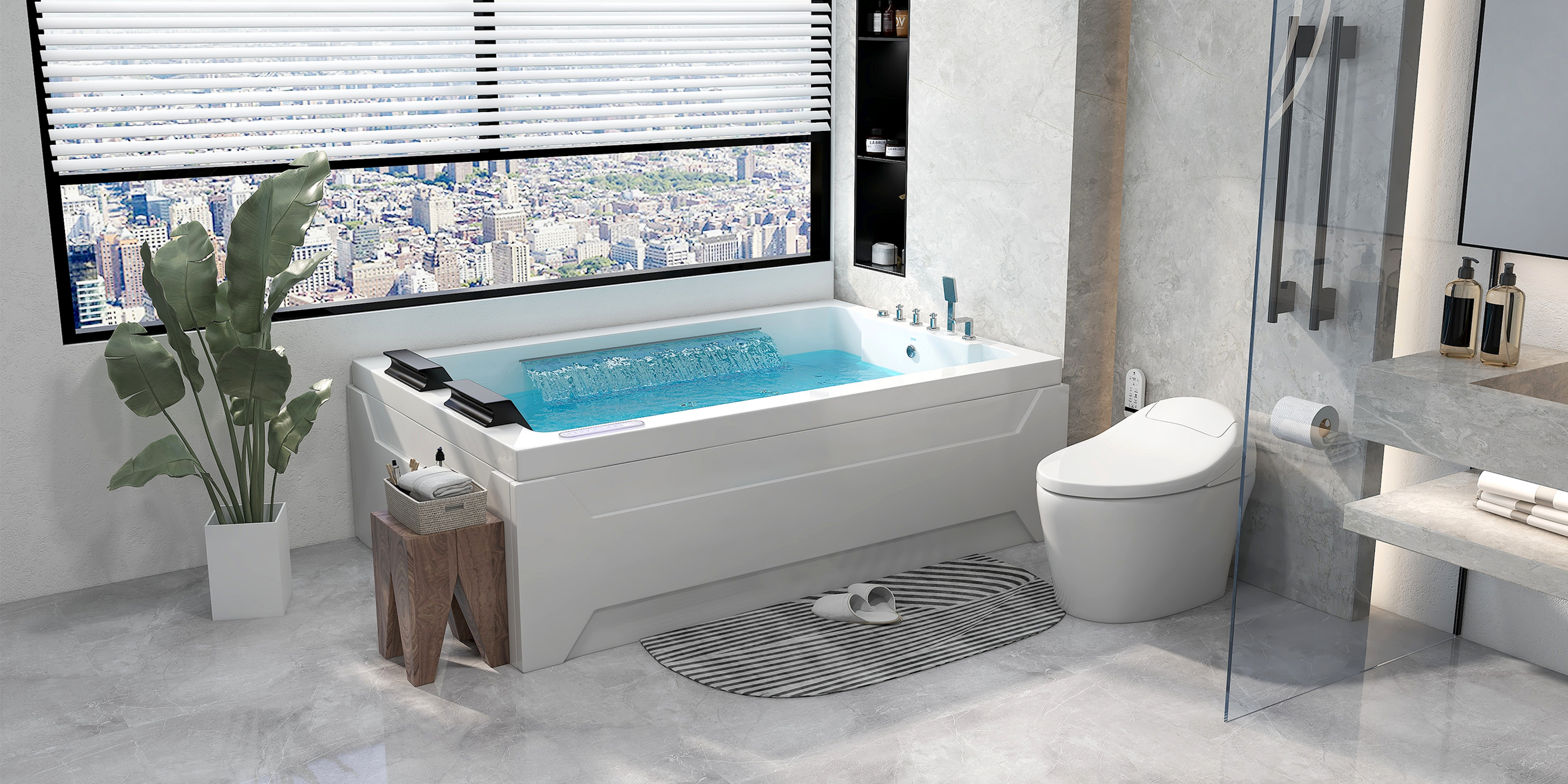 HMR 73'' Double Bathtub with Massage & Ambient Lighting - White, Heated: No