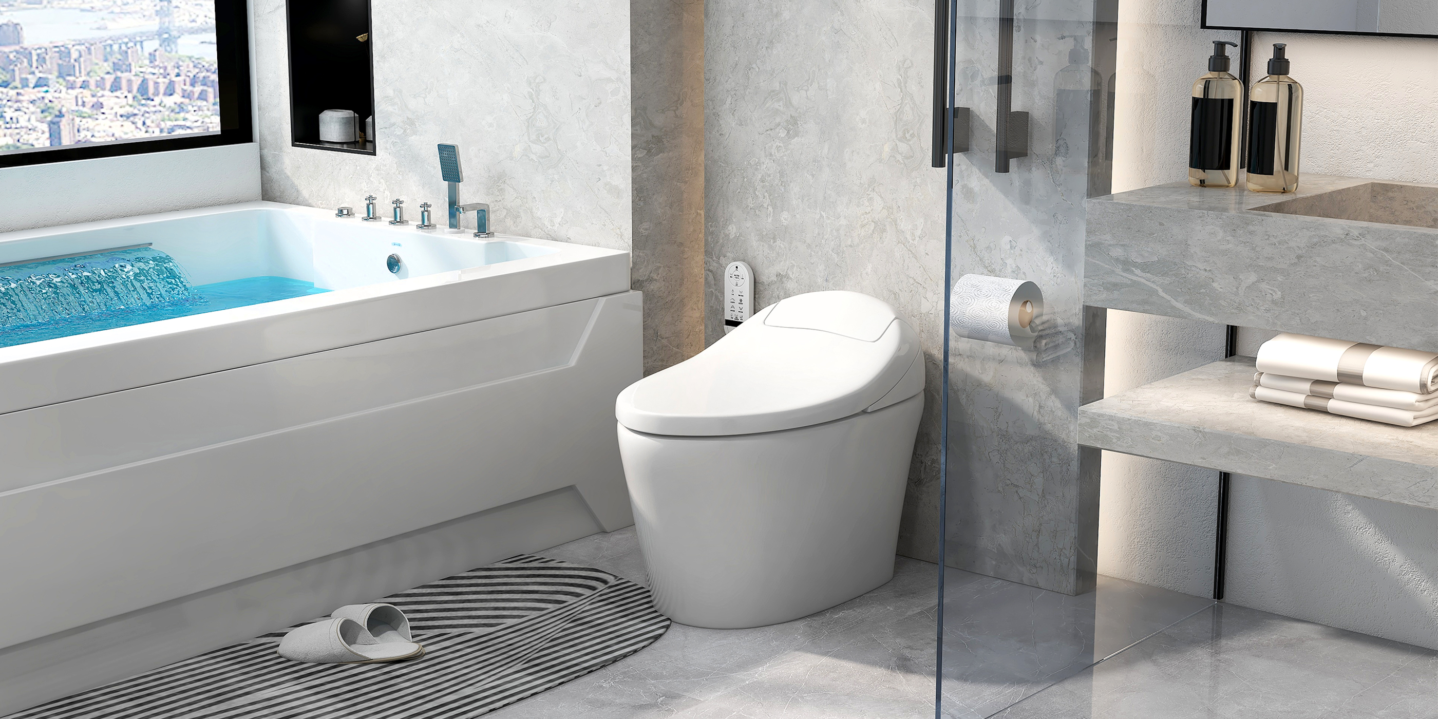 HMR 73'' Double Bathtub with Massage & Ambient Lighting - White, Heated: No
