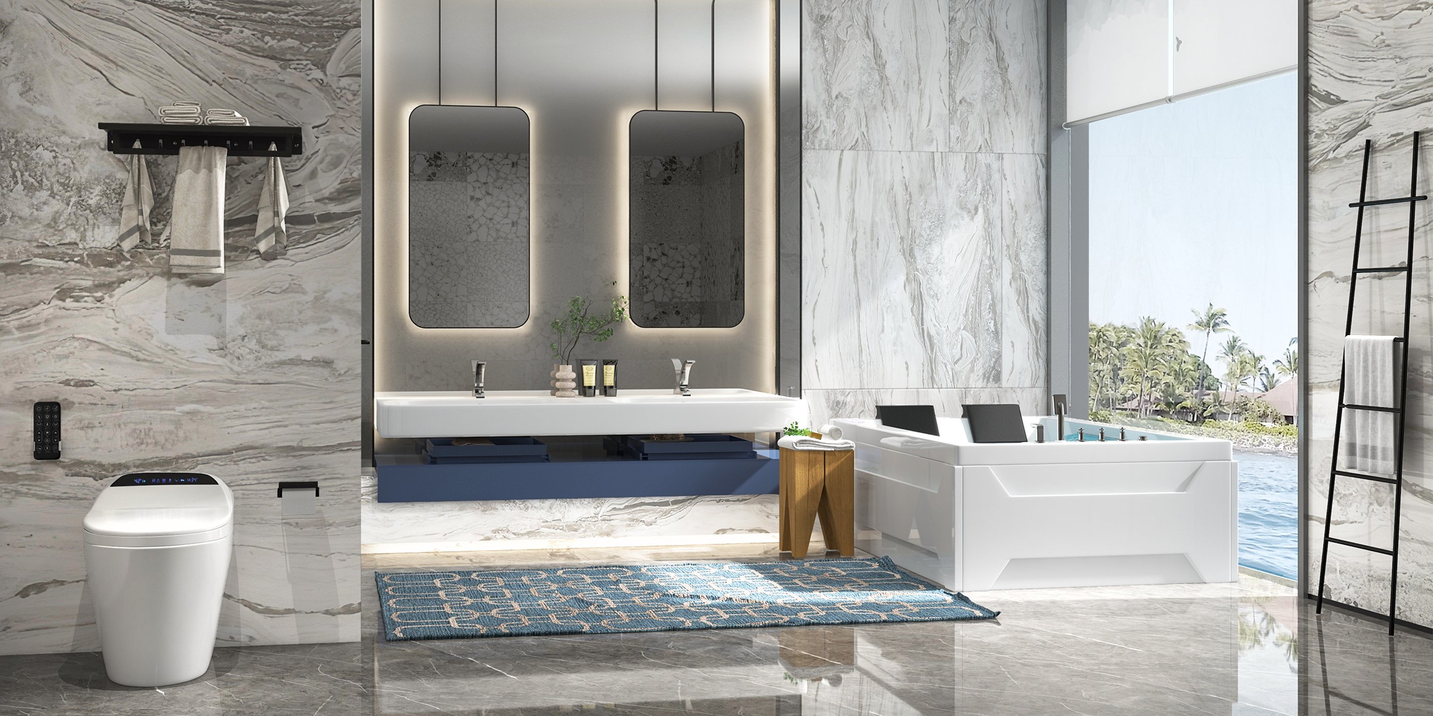 HMR 73'' Double Bathtub with Massage & Ambient Lighting - White, Heated: No