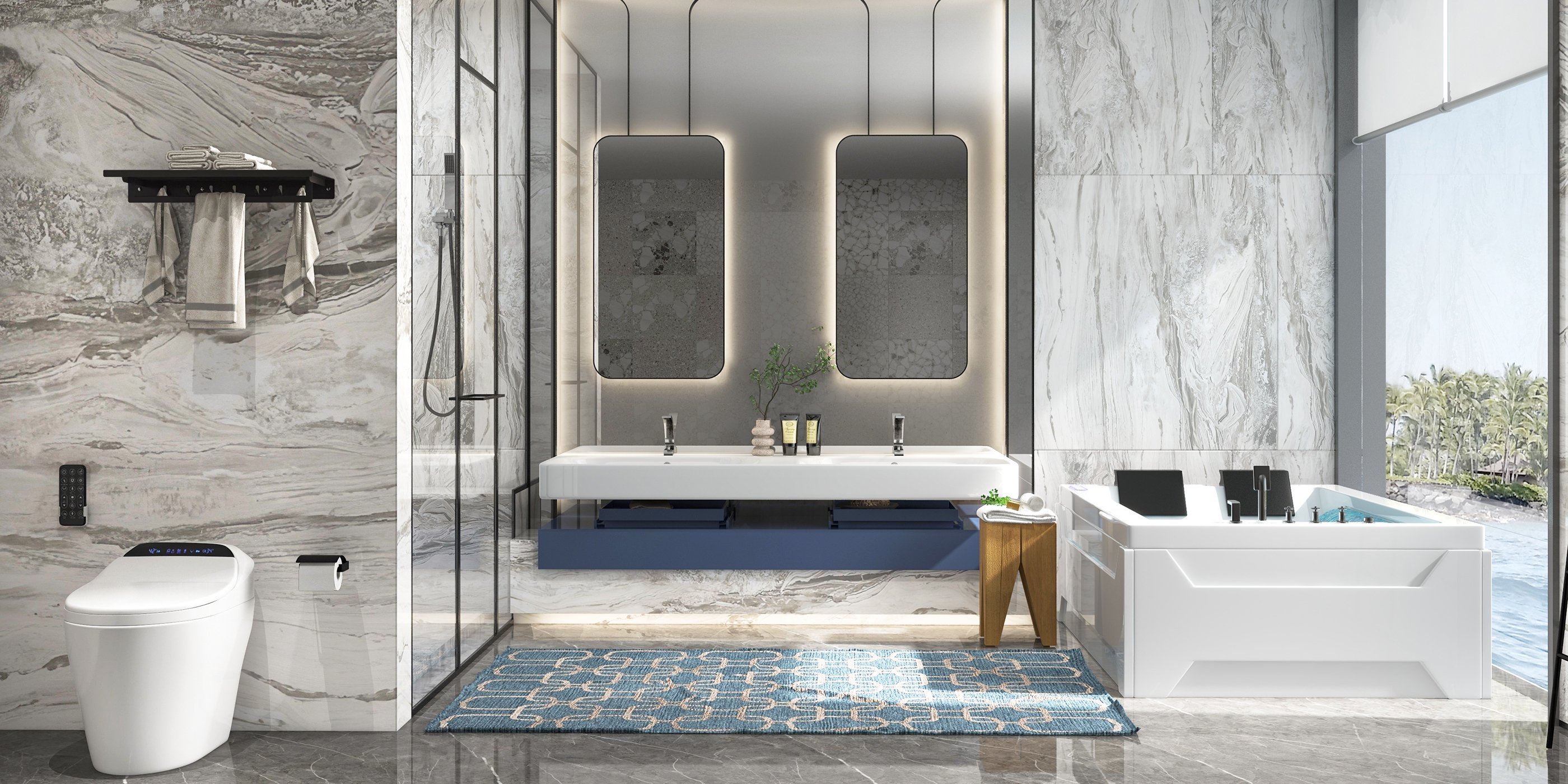 HMR 73'' Double Bathtub with Massage & Ambient Lighting - White, Heated: No
