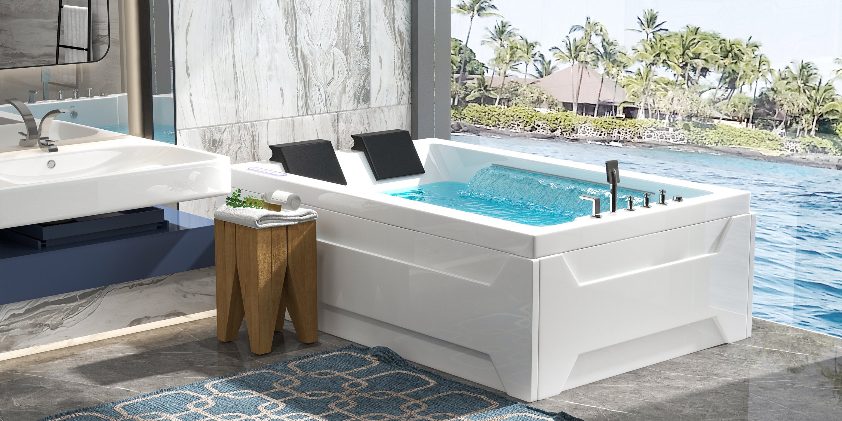 HMR 73'' Double Bathtub with Massage & Ambient Lighting - White, Heated: No