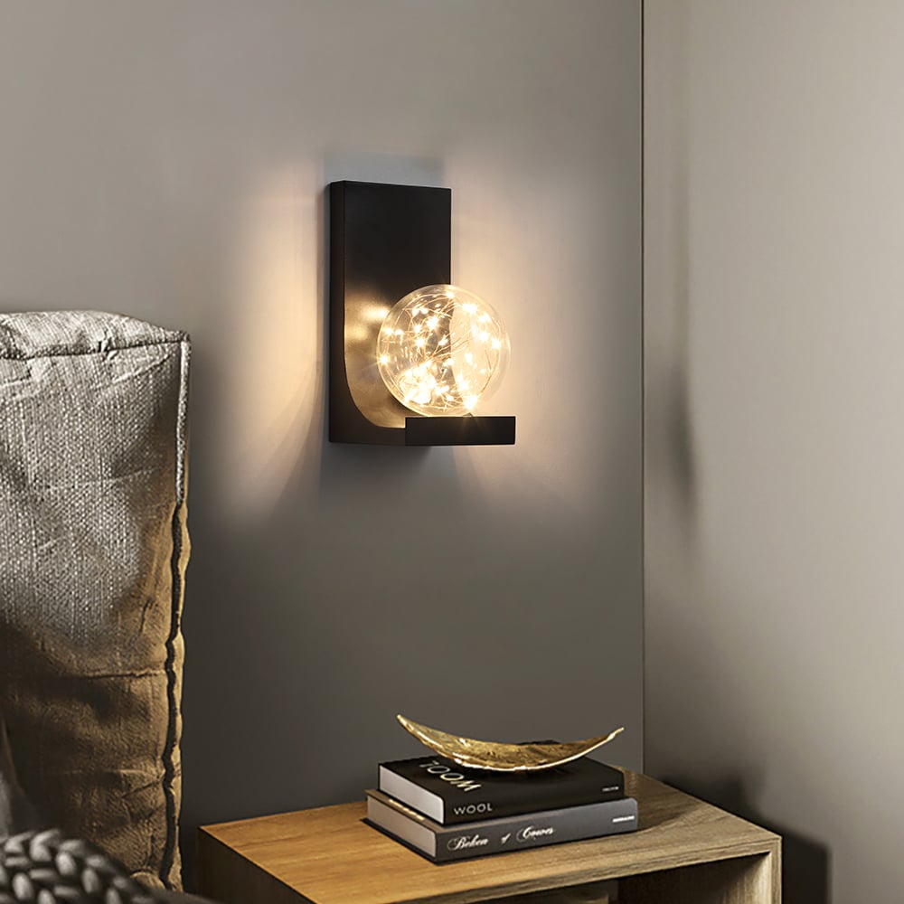 HMR - Modern Black LED Flush Mount Wall Sconce with Glass Globe Shade
