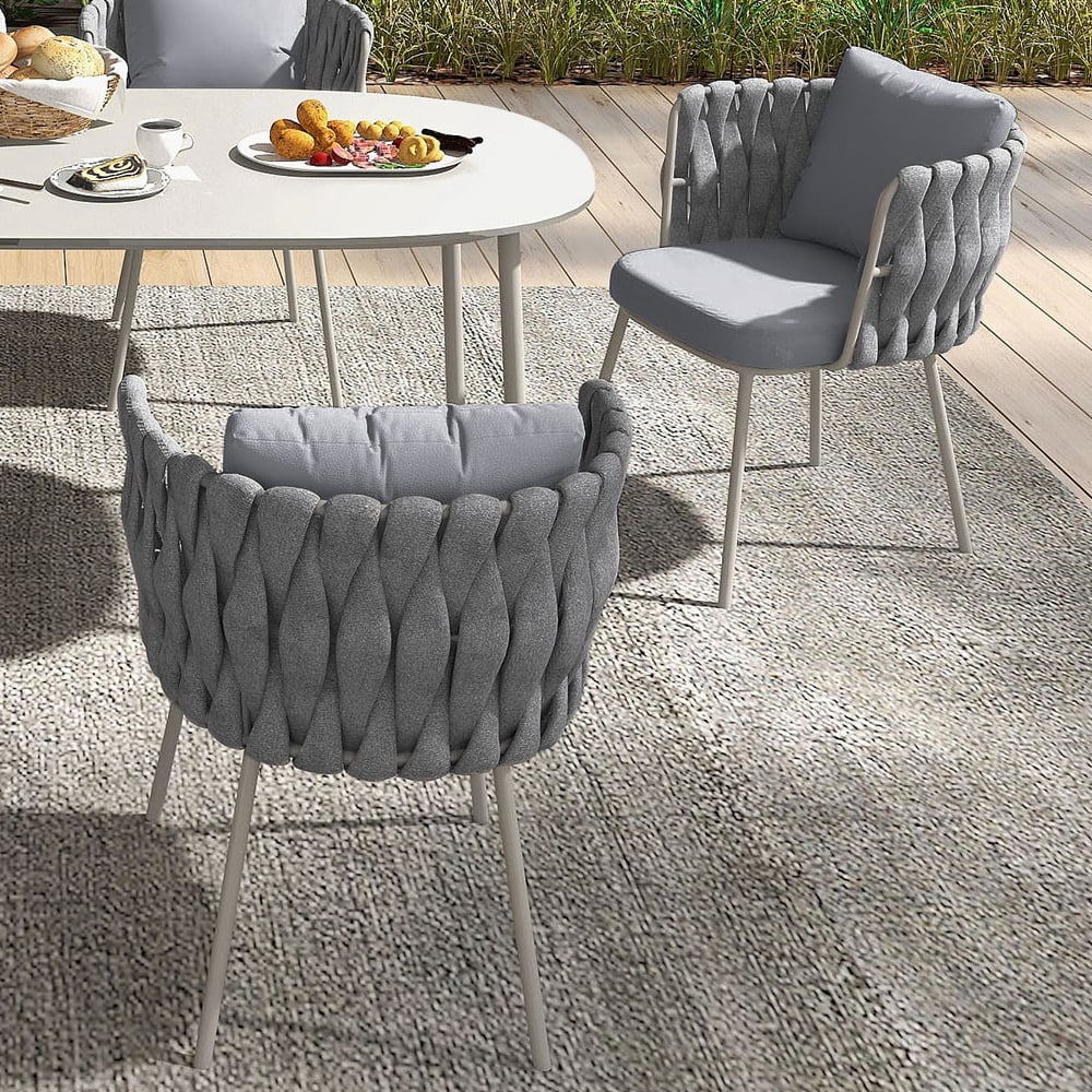 HMR - 2-Pieces Mid Century Modern Aluminum & Ropes Outdoor Patio Dining Chair Armchair Gray