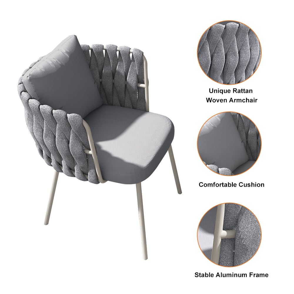 HMR - 2-Pieces Mid Century Modern Aluminum & Ropes Outdoor Patio Dining Chair Armchair Gray