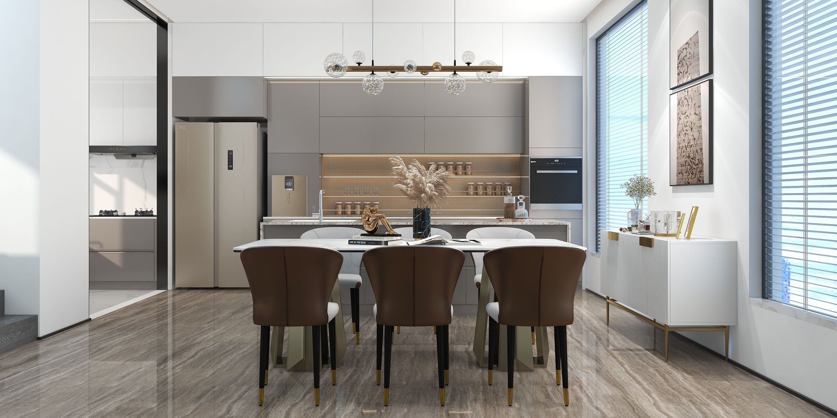 HMR - Miglobe Modern Gold Kitchen Island Light LED Glass Globe 8-Light for Dining Doom