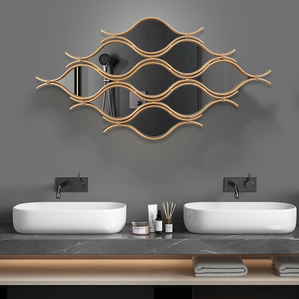 HMR - 39.4" Glam Irregular Geometric Gold Metal Abstract Wall Mirror for Entryway