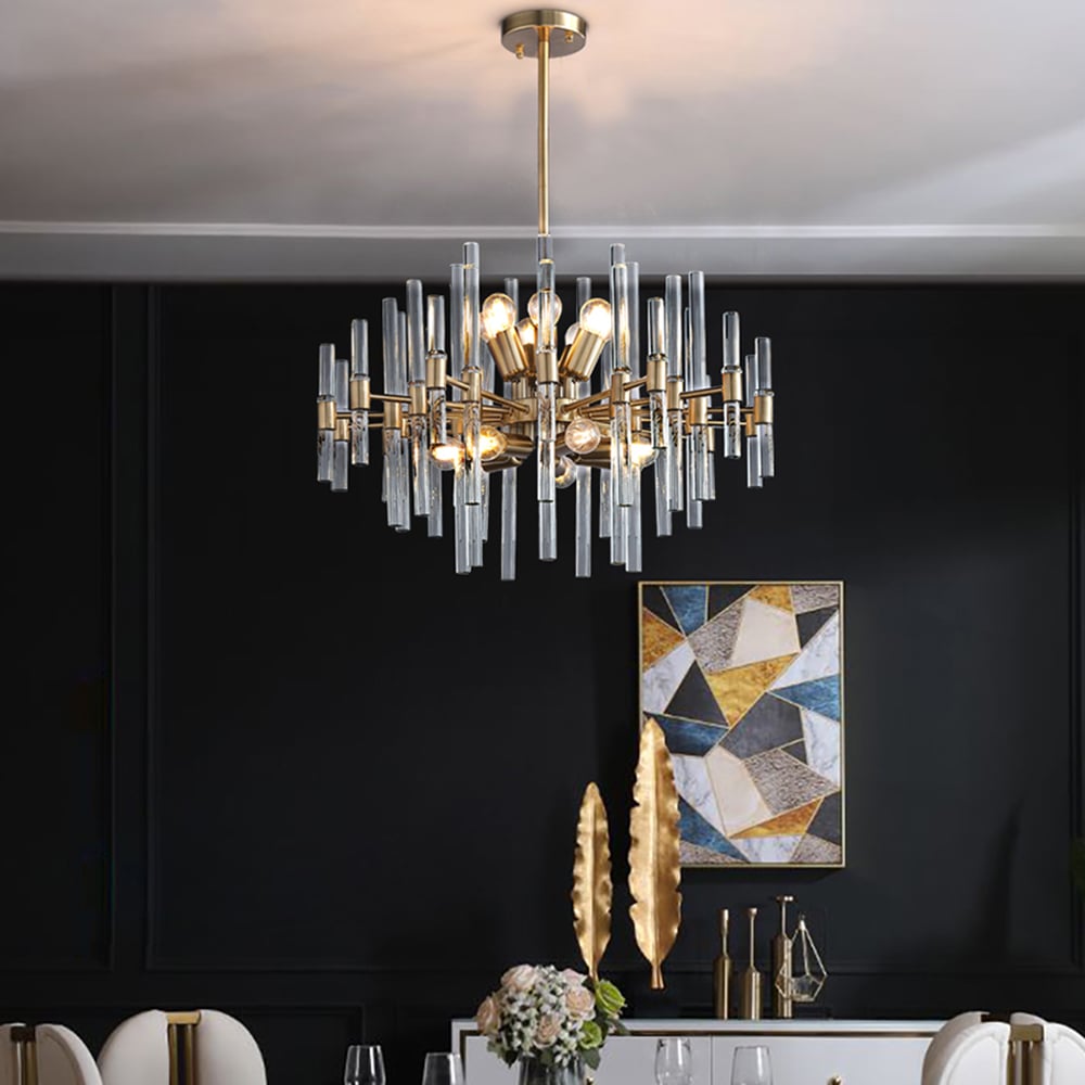 HMR - Crylick Contemporary 14-Light Glass Living Room Chandelier in Brass