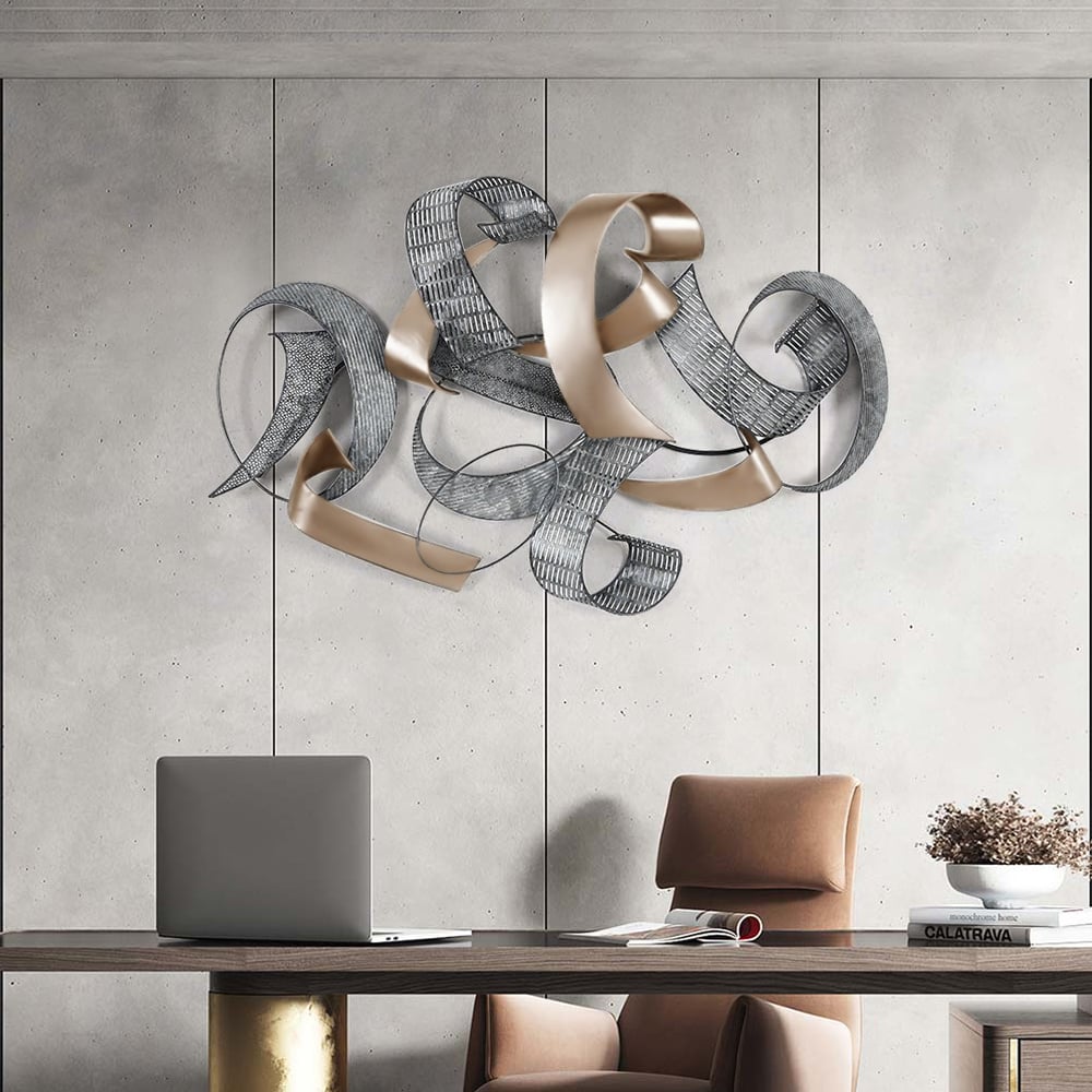 HMR - 47.2" Large Modern 3D Metal Wall Decor Abstract Geometric Overlapping Art Living Room