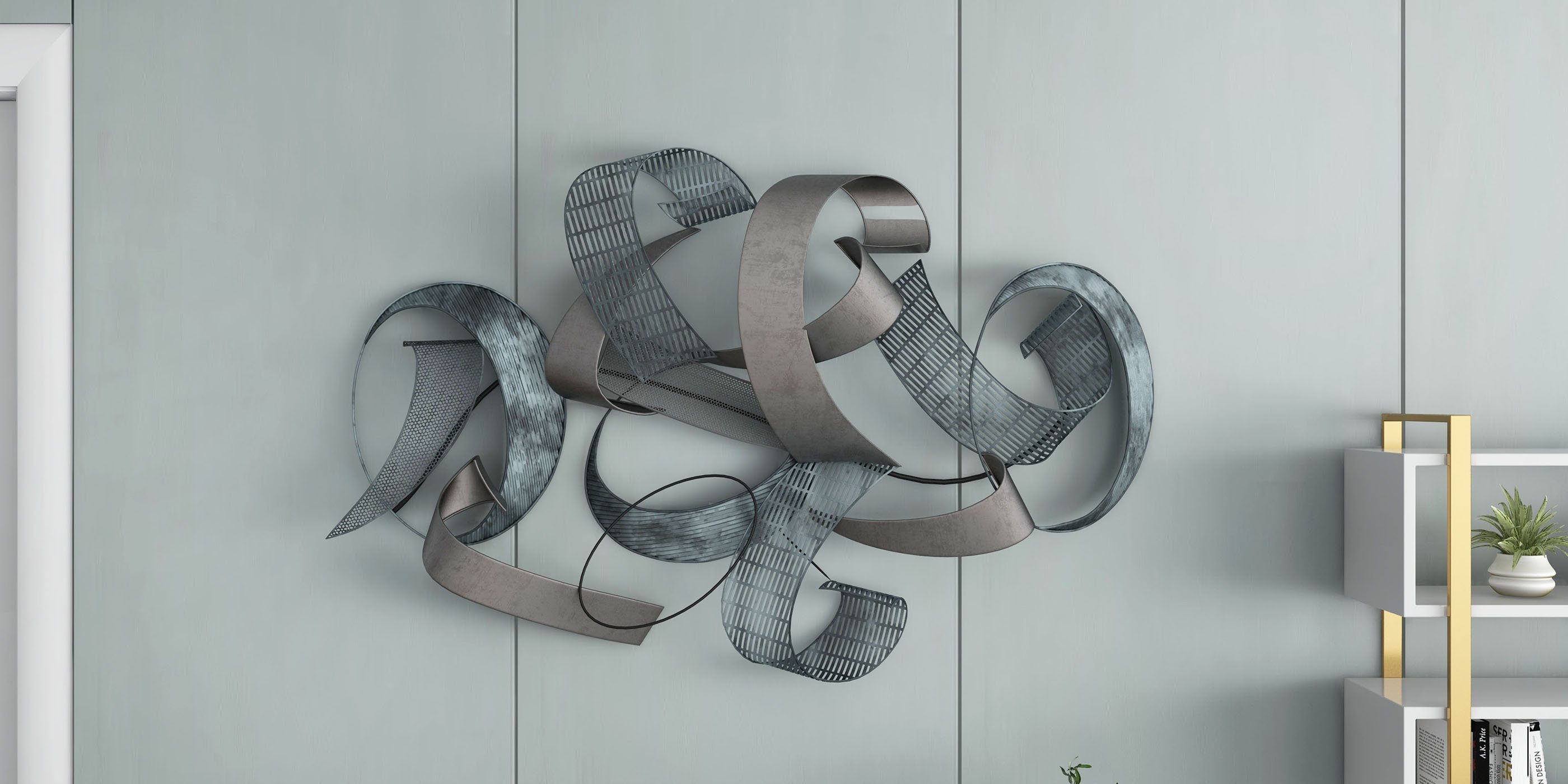 HMR - 47.2" Large Modern 3D Metal Wall Decor Abstract Geometric Overlapping Art Living Room