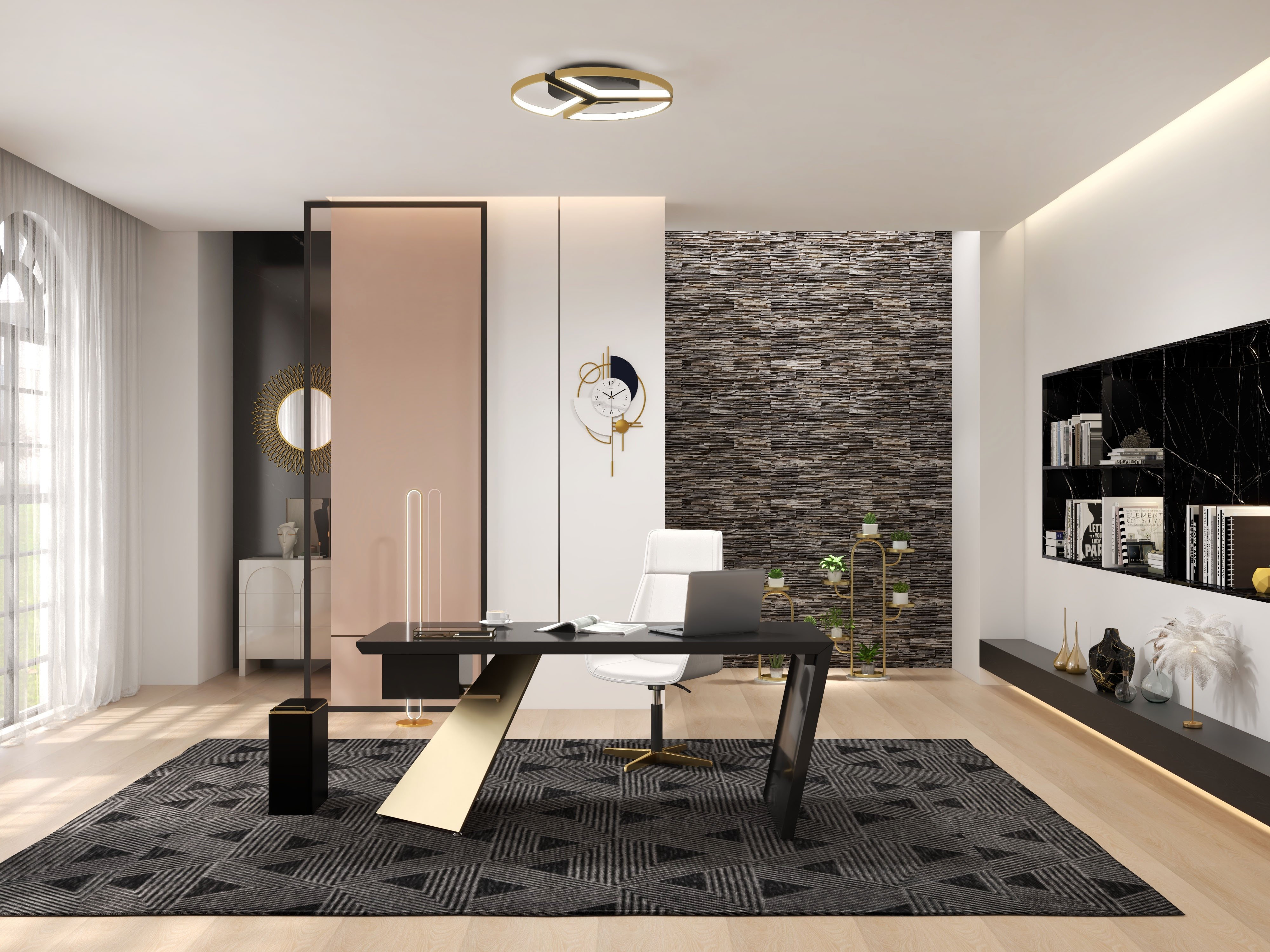 HMR - Geometric Semi Flush Mount LED Ceiling Light with Golden Frame