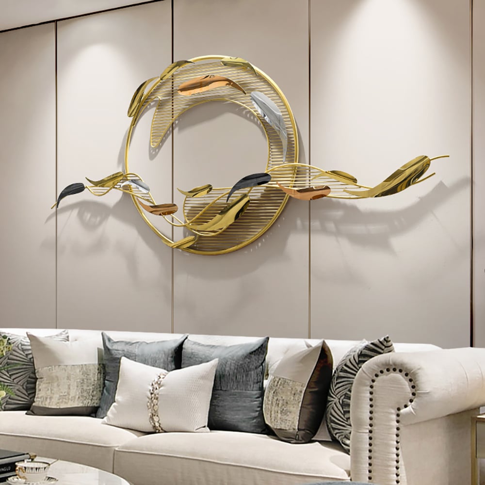 HMR - 58.3"W Modern Surge Fishes Metal Wall Decor with Unique Shape in Gold for Living Room