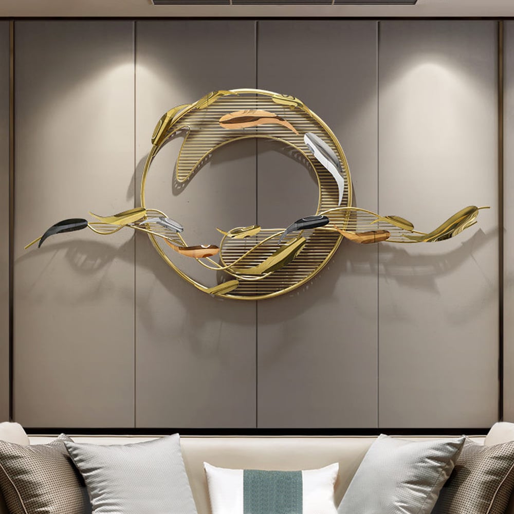 HMR - 58.3"W Modern Surge Fishes Metal Wall Decor with Unique Shape in Gold for Living Room