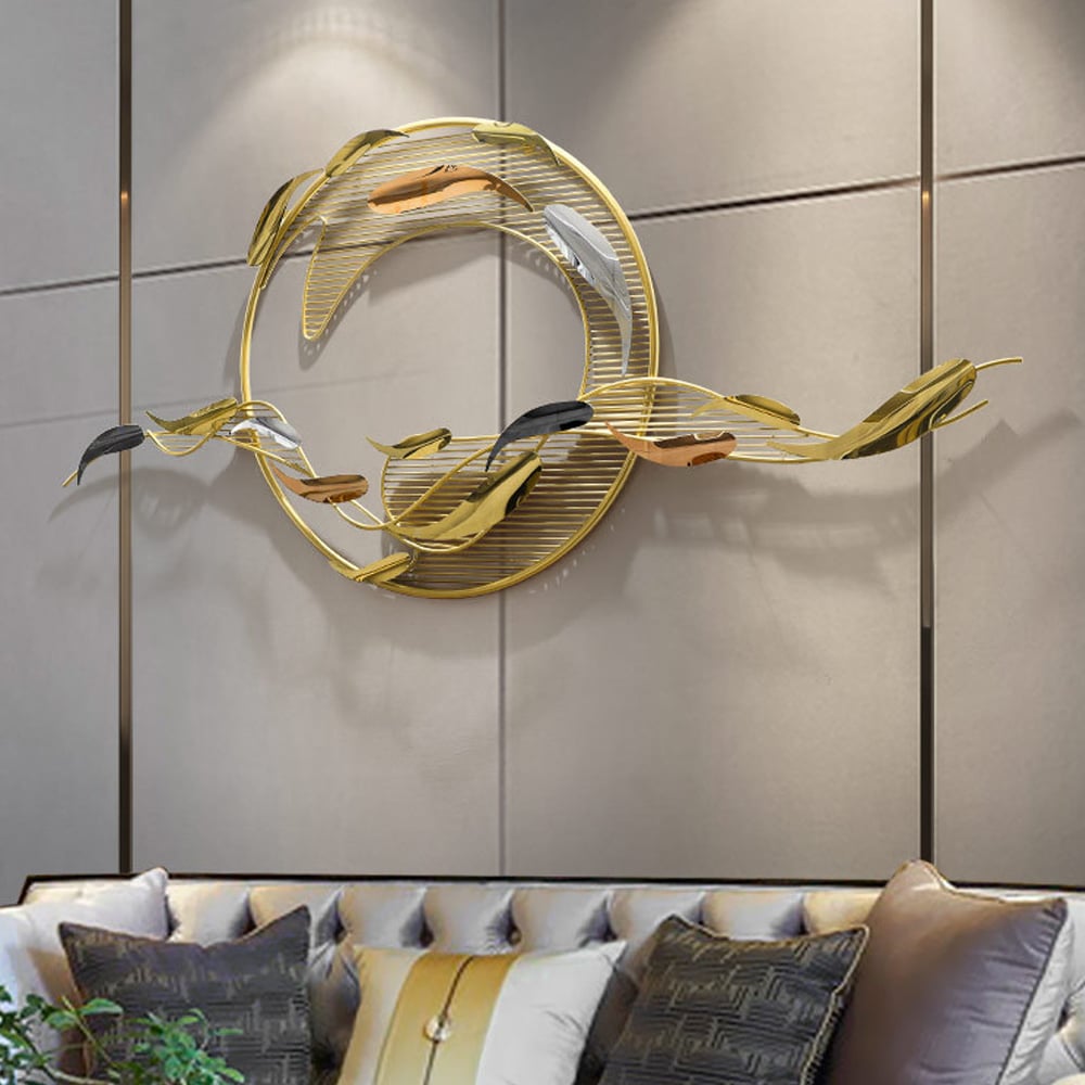 HMR - 58.3"W Modern Surge Fishes Metal Wall Decor with Unique Shape in Gold for Living Room