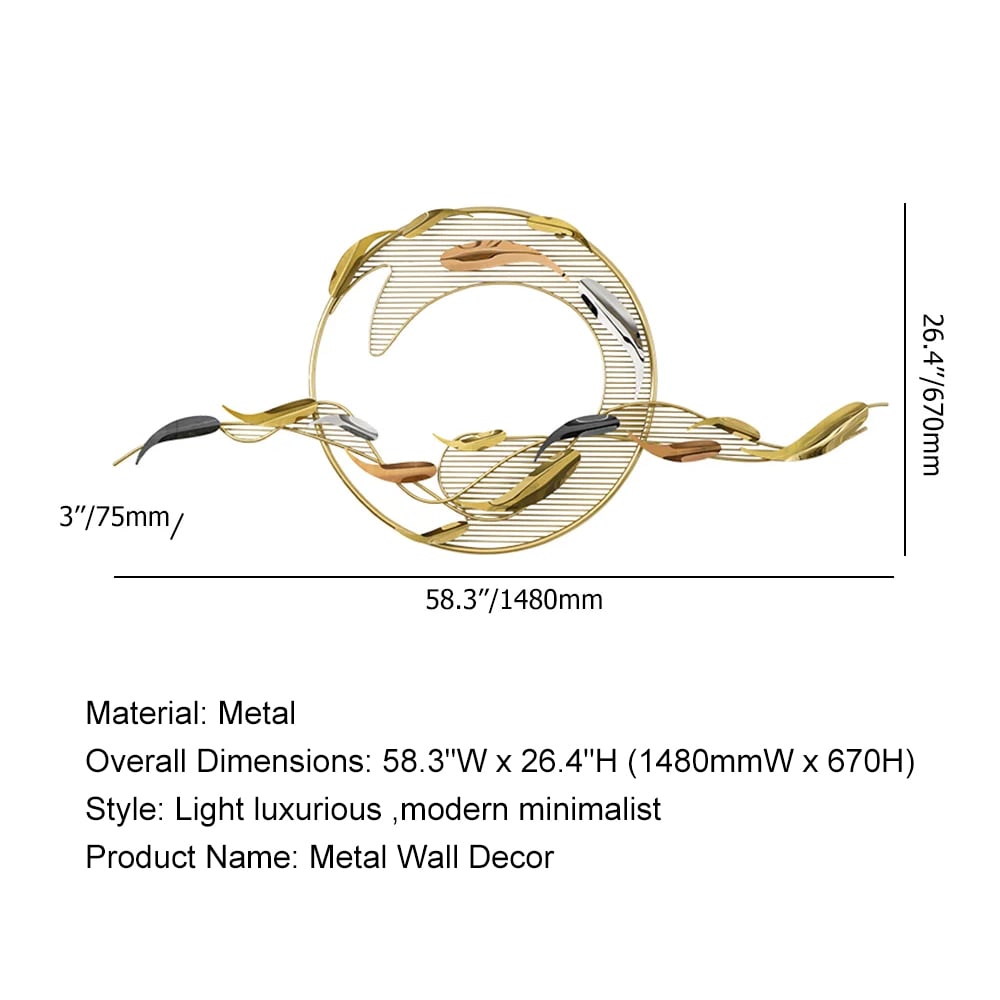 HMR - 58.3"W Modern Surge Fishes Metal Wall Decor with Unique Shape in Gold for Living Room