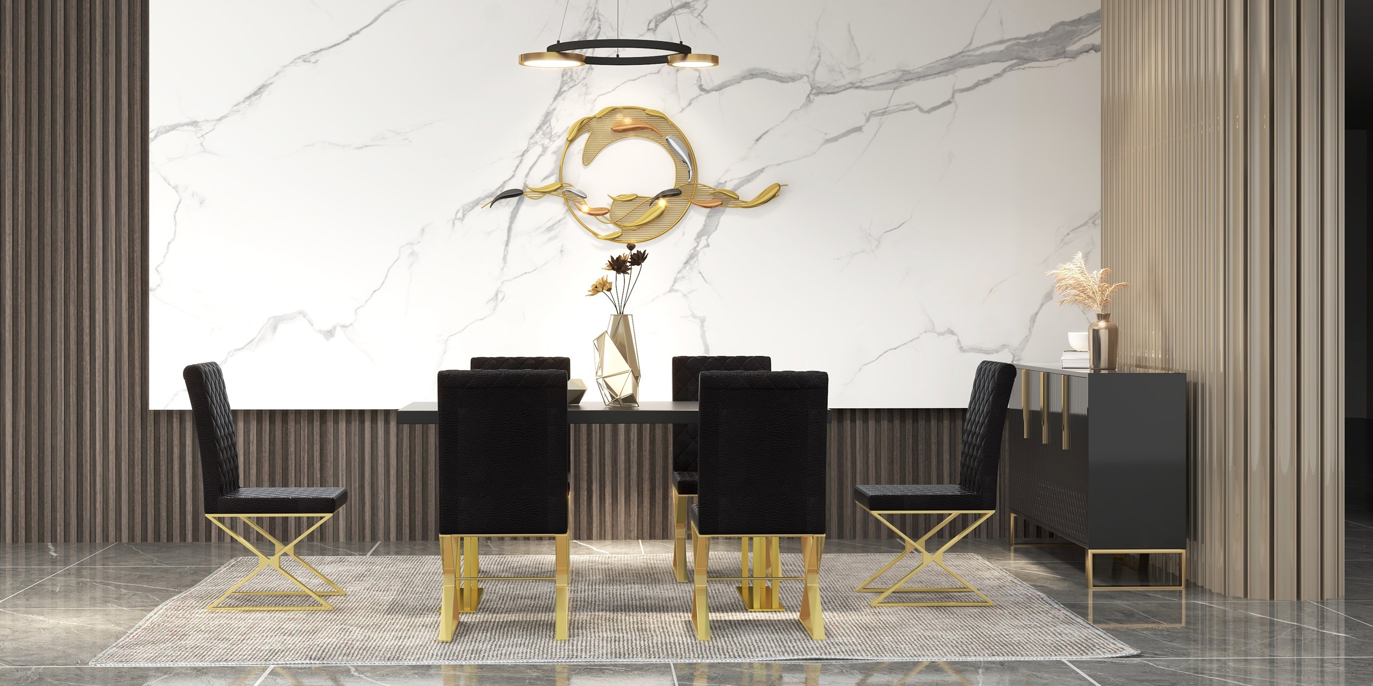 HMR - 58.3"W Modern Surge Fishes Metal Wall Decor with Unique Shape in Gold for Living Room