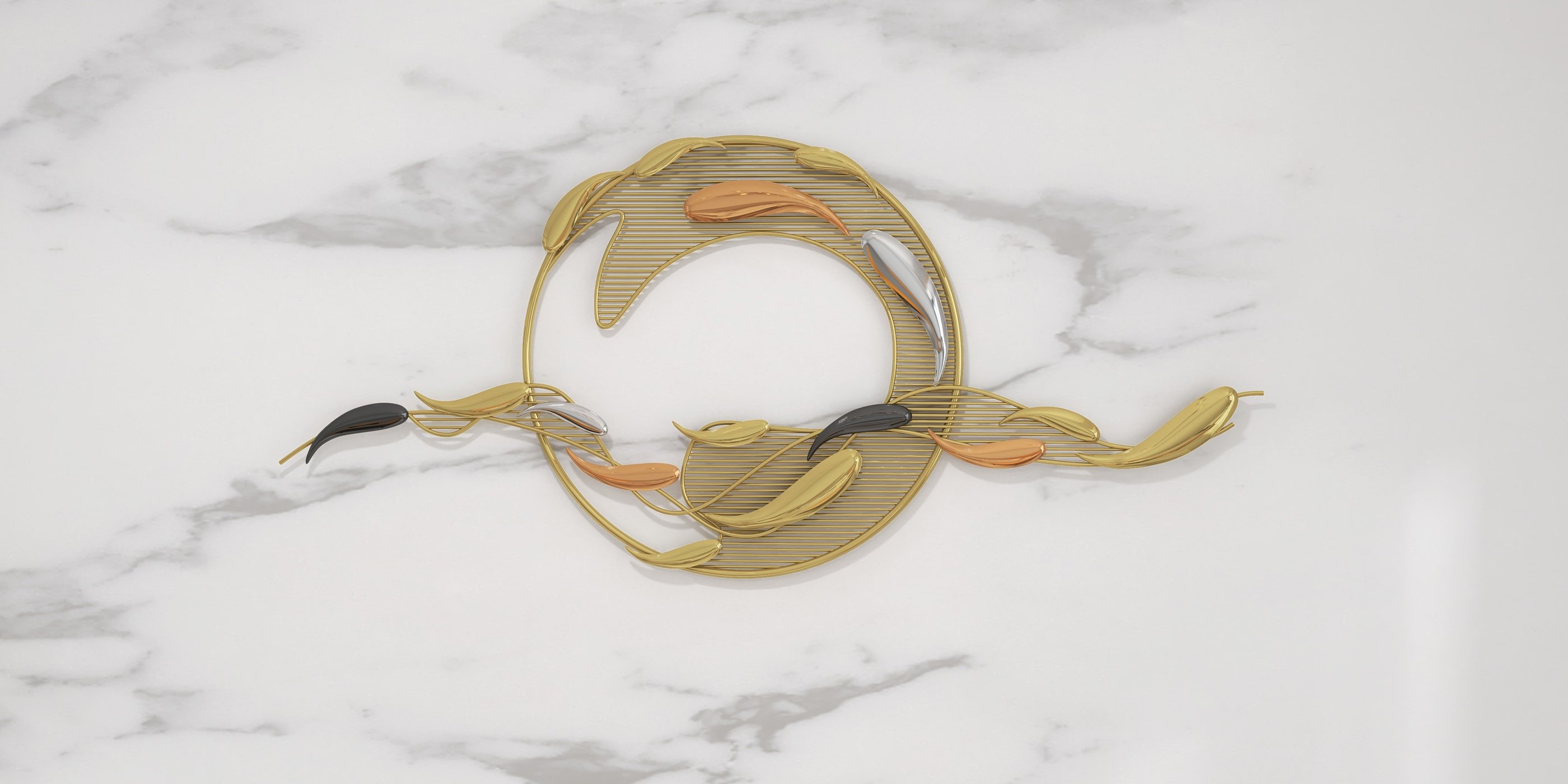 HMR - 58.3"W Modern Surge Fishes Metal Wall Decor with Unique Shape in Gold for Living Room