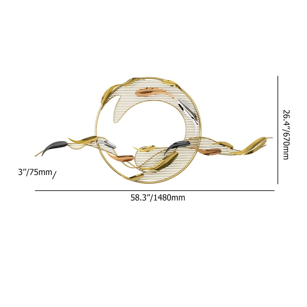 HMR - 58.3"W Modern Surge Fishes Metal Wall Decor with Unique Shape in Gold for Living Room