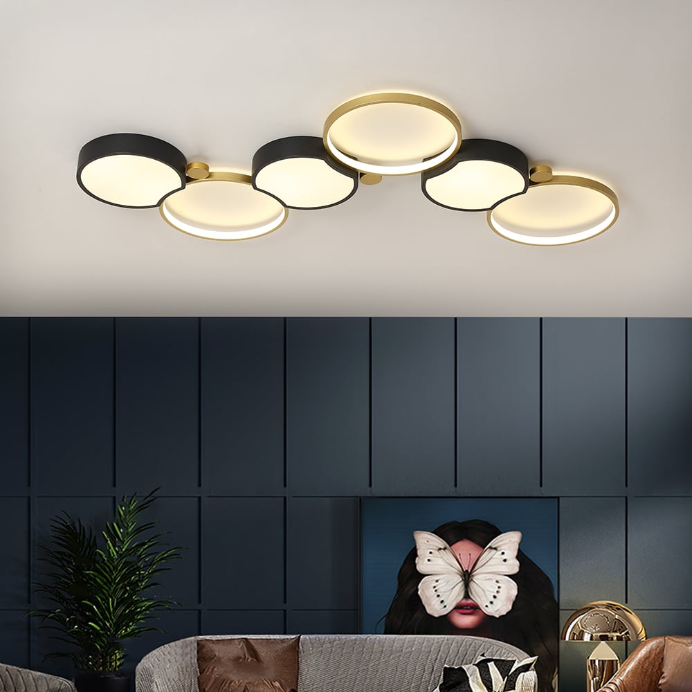 HMR - Multi-Circles 6-Light LED Flush Mount Ceiling Light in Black & Gold