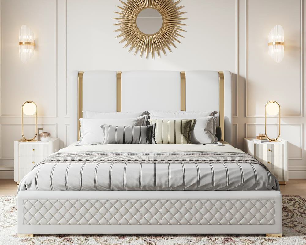 HMR - Modern Upholstered Bed Frame with Polished Gold and Faux Leather Headboard