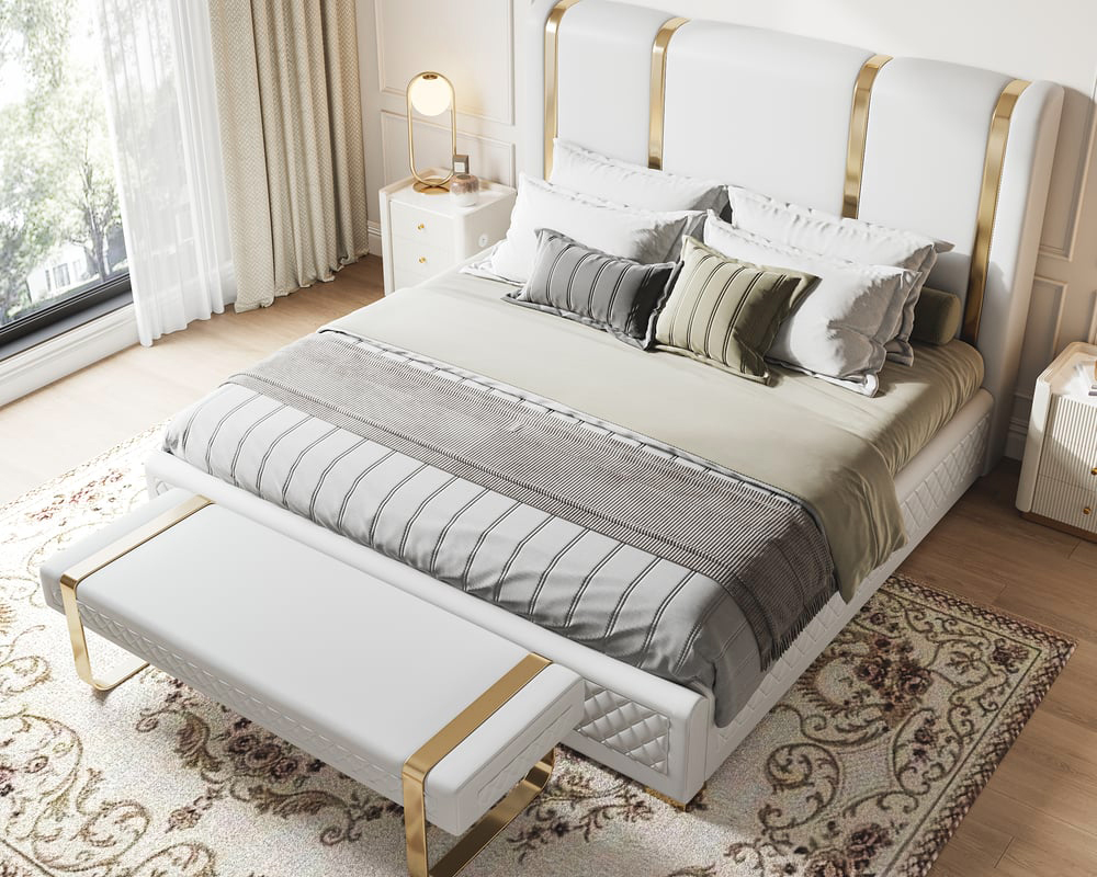 HMR - Modern Upholstered Bed Frame with Polished Gold and Faux Leather Headboard