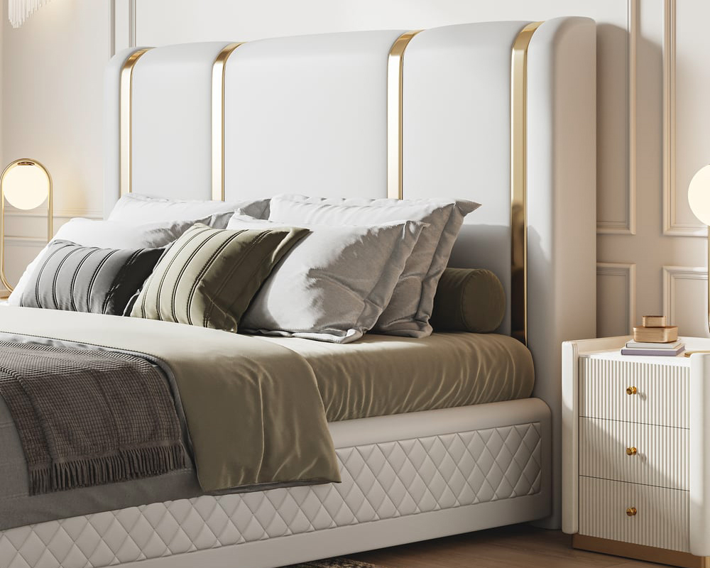 HMR - Modern Upholstered Bed Frame with Polished Gold and Faux Leather Headboard